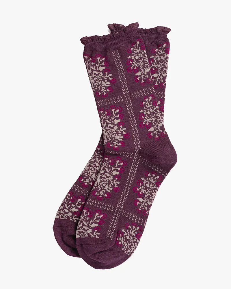 Debby Co., Crew Socks, Maison Blanche Collection, Plum with White Floral Patterns sold by Kiriko