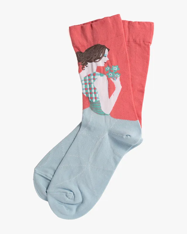 Debby Co., Crew Socks, Andé Collection, Pink with Girl Holding Flowers sold by Kiriko