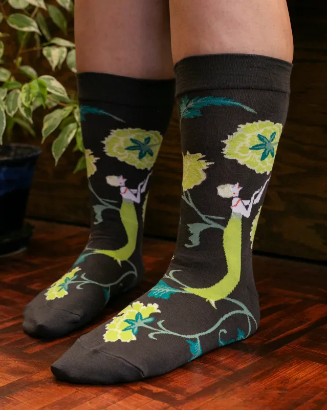 Debby Co., Crew Socks, Andé Collection, Black with Lime Girl and Flowers sold by Kiriko