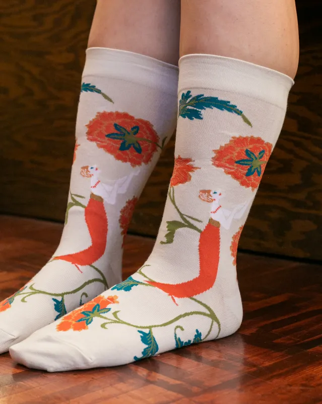 Debby Co., Crew Socks, Andé CollectionLight Grey with Blood Orange Flowers and Girl sold by Kiriko