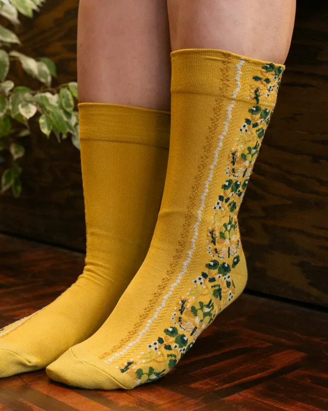 Debby Co., Crew Socks, Andé Collection, Yellow Shima with Nature sold by Kiriko