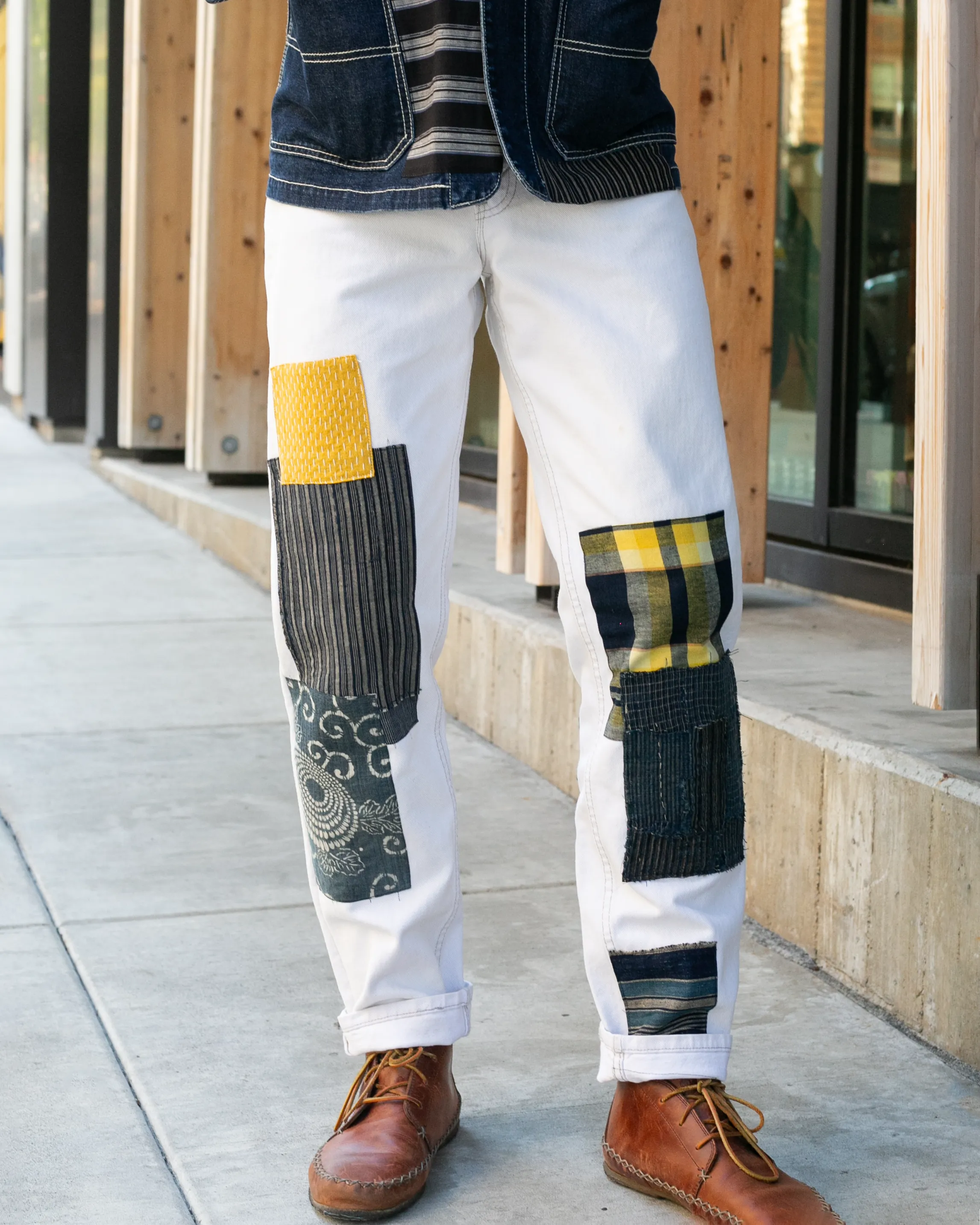 Kiriko Custom Denim Jeans, Patched Vintage Boro, Levi's Brand, White with Plaid Gold Patch - 31" sold by Kiriko