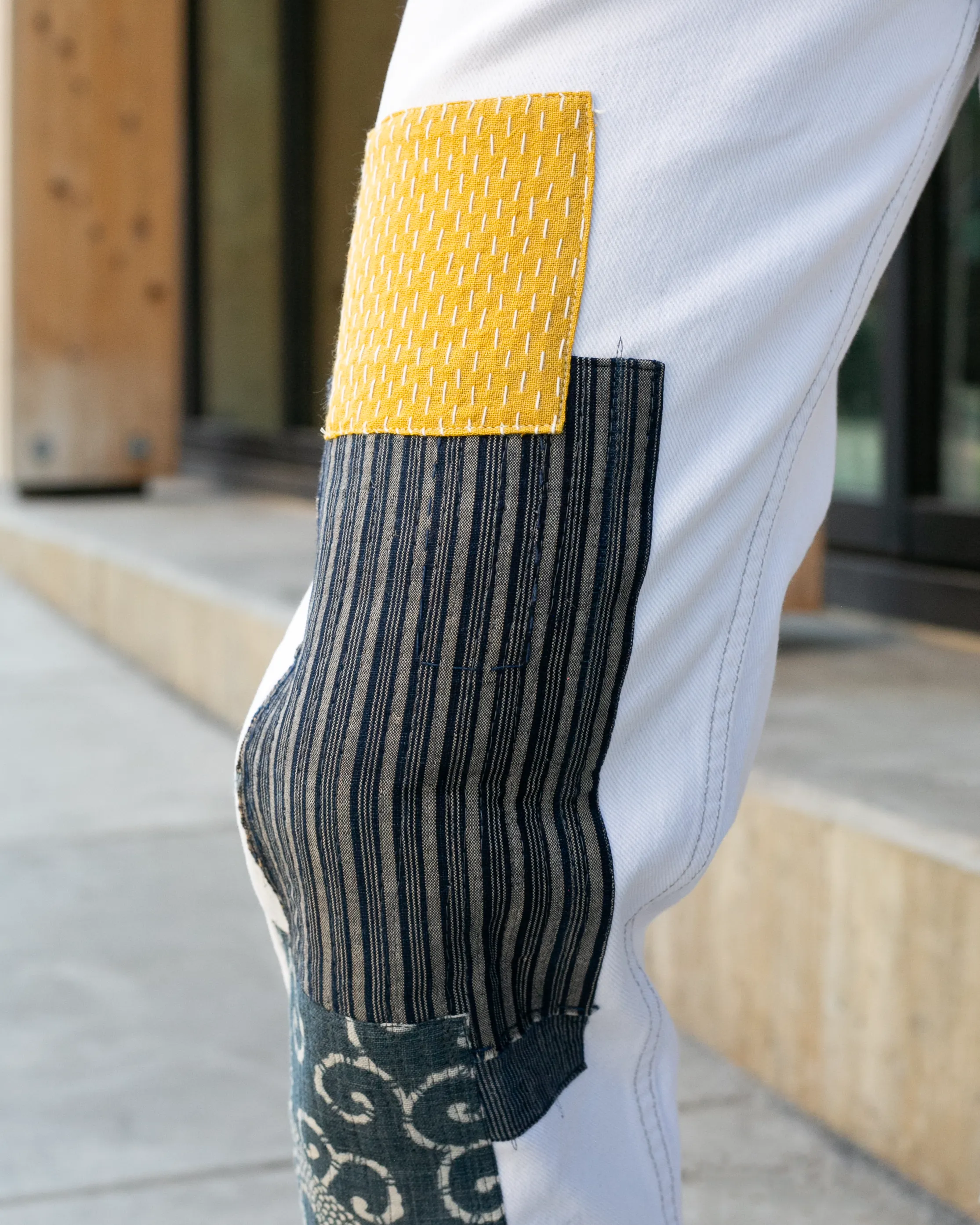 Kiriko Custom Denim Jeans, Patched Vintage Boro, Levi's Brand, White with Plaid Gold Patch - 31" sold by Kiriko product image thumbnail 3