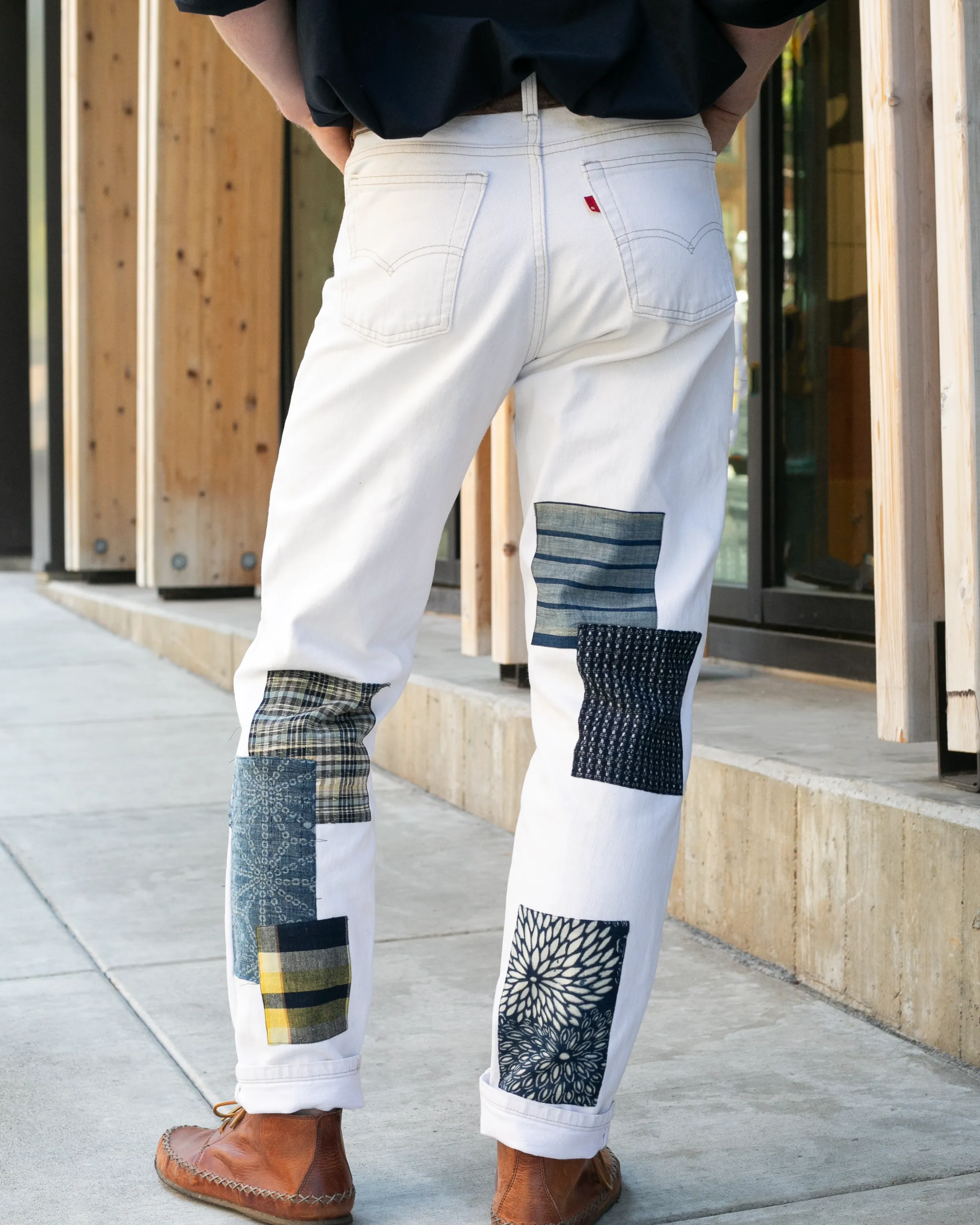 Kiriko Custom Denim Jeans, Patched Vintage Boro, Levi's Brand, White with Plaid Gold Patch - 31" sold by Kiriko product image thumbnail 2