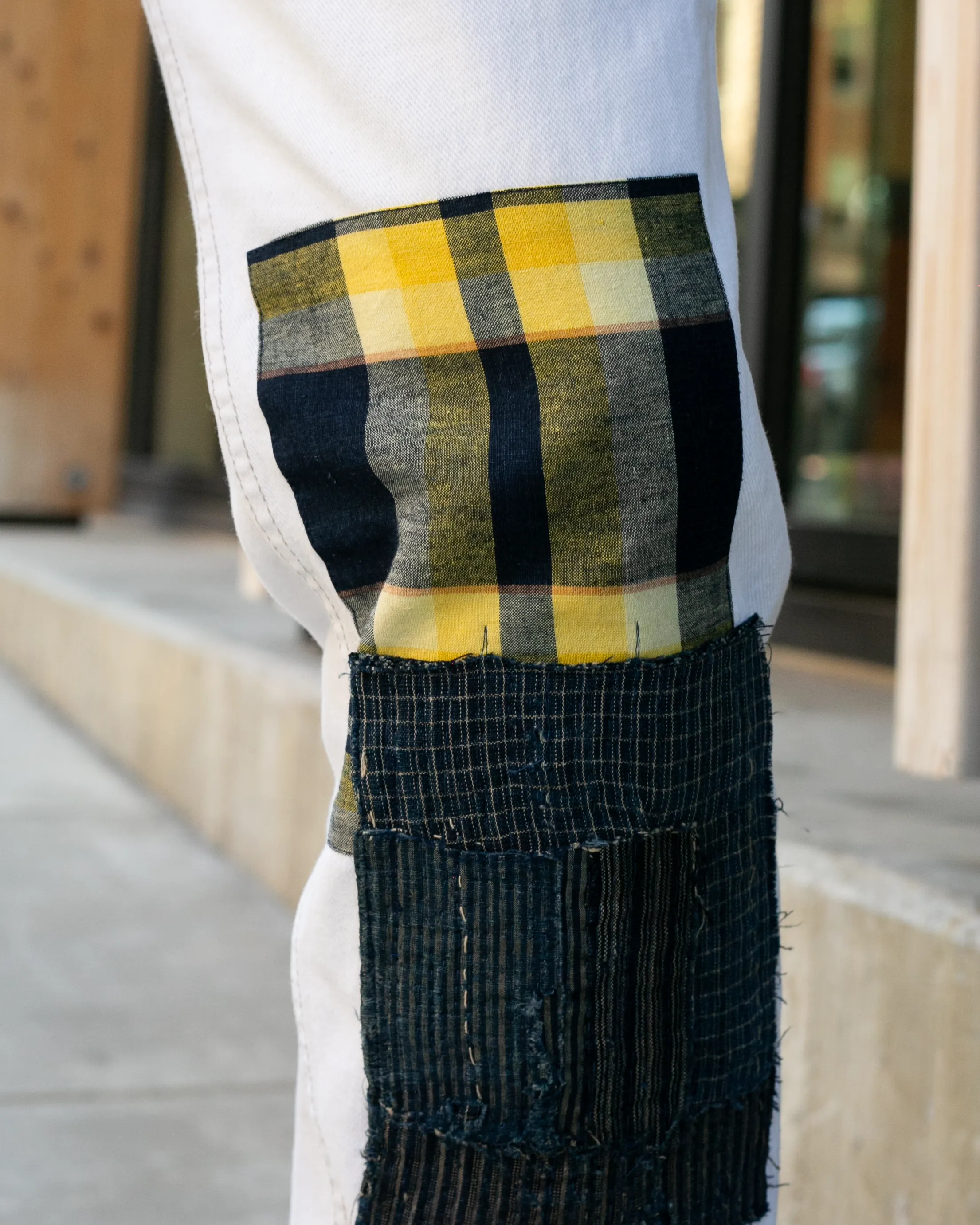 Kiriko Custom Denim Jeans, Patched Vintage Boro, Levi's Brand, White with Plaid Gold Patch - 31" sold by Kiriko product image thumbnail 4