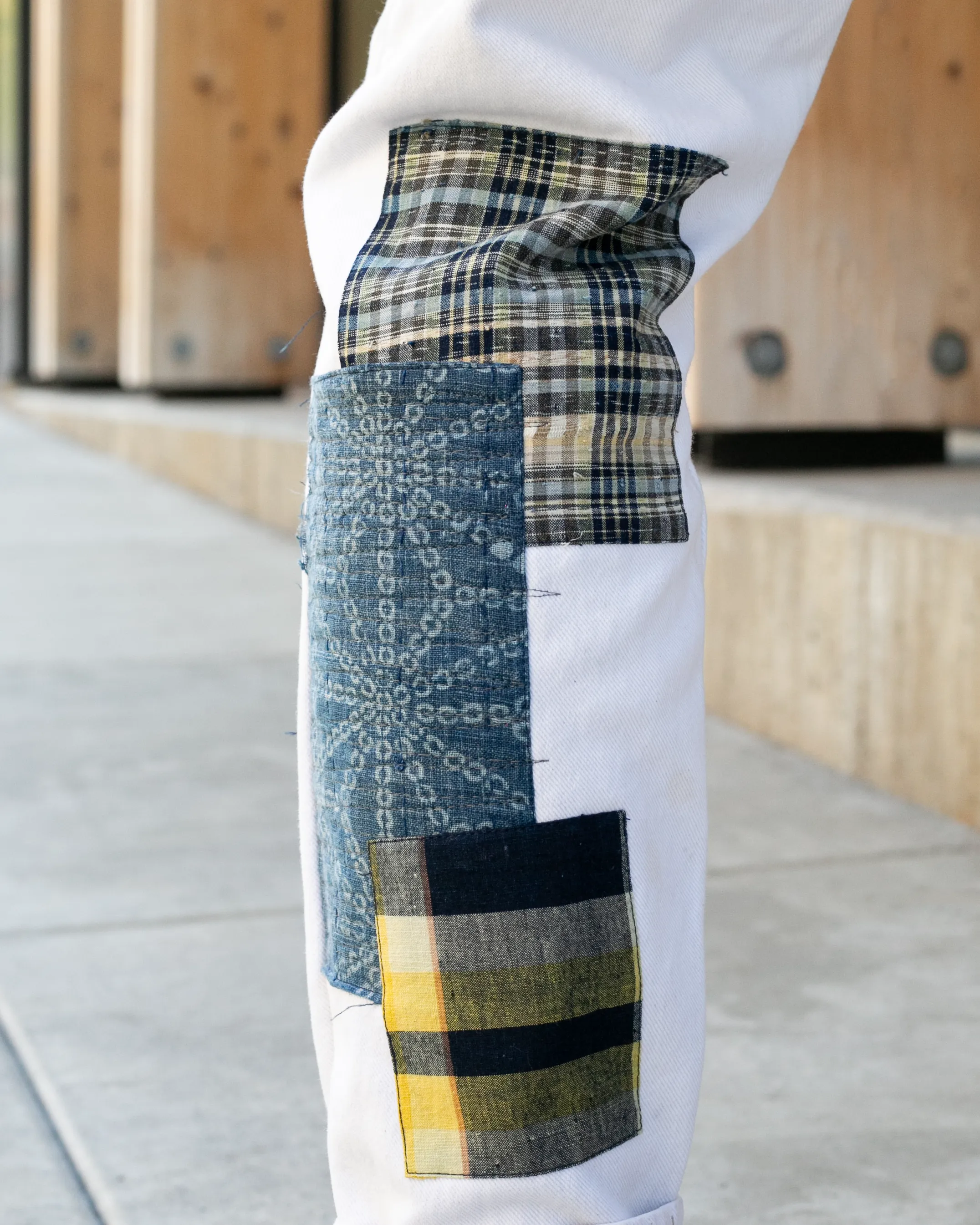 Kiriko Custom Denim Jeans, Patched Vintage Boro, Levi's Brand, White with Plaid Gold Patch - 31" sold by Kiriko product image thumbnail 5