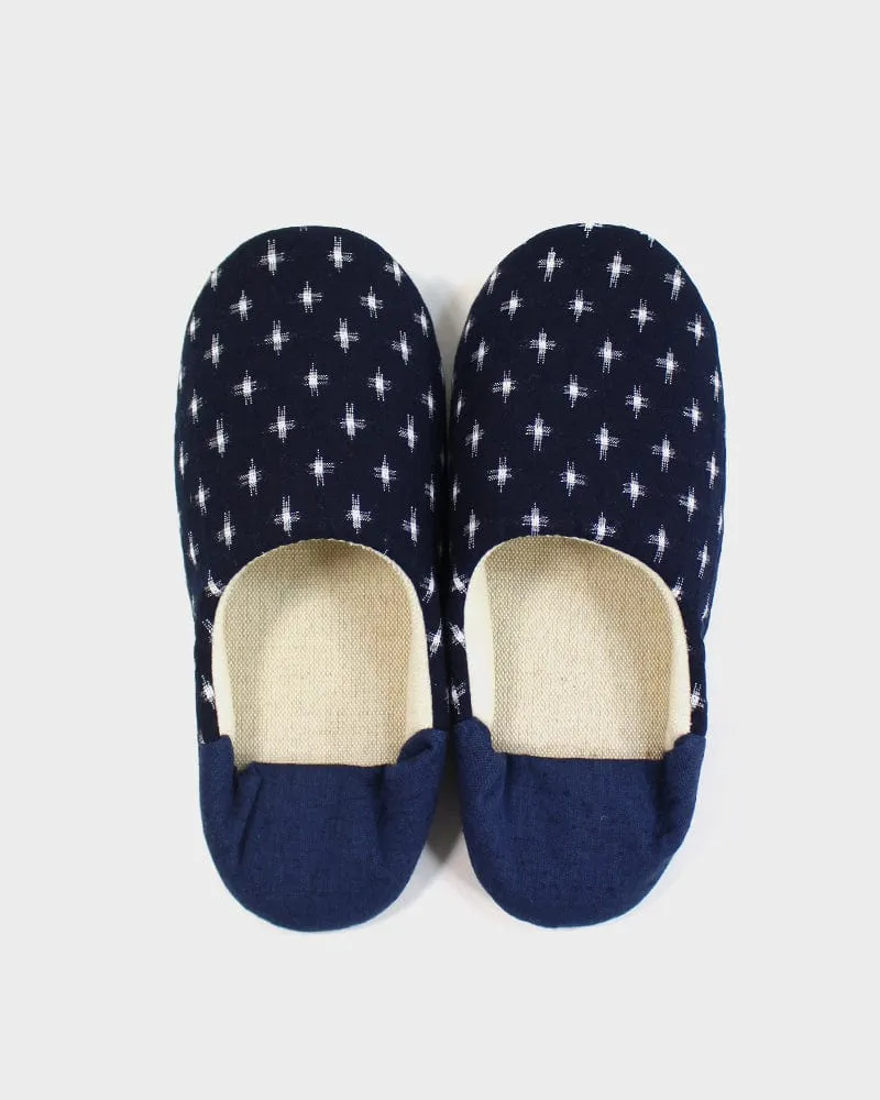 ToK Women's Babouche, Indigo Cross Kasuri with Indigo Heel sold by Kiriko
