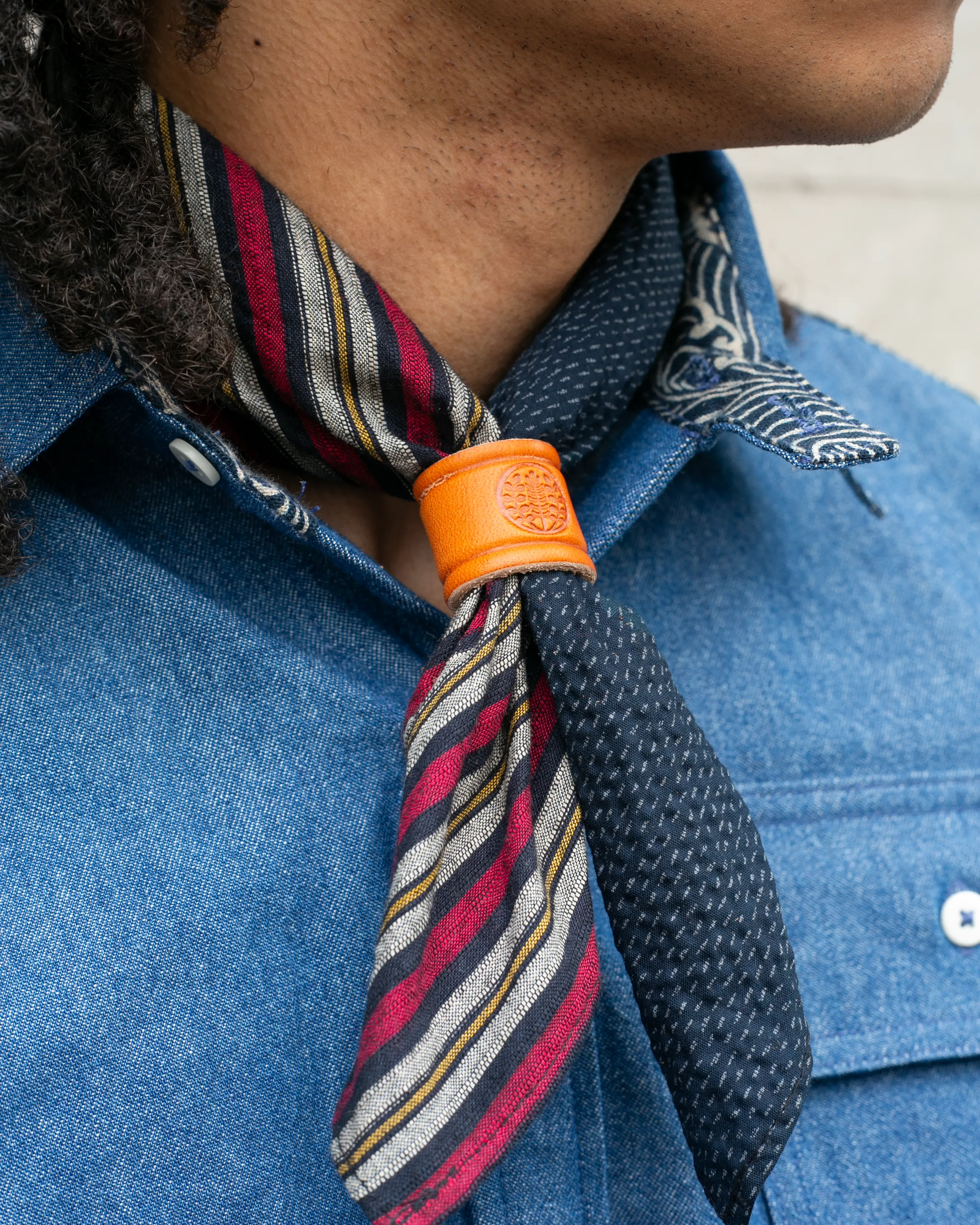 Kiriko Original Bandana, Split, Variated Red Shima with Dotted Indigo Seersucker sold by Kiriko