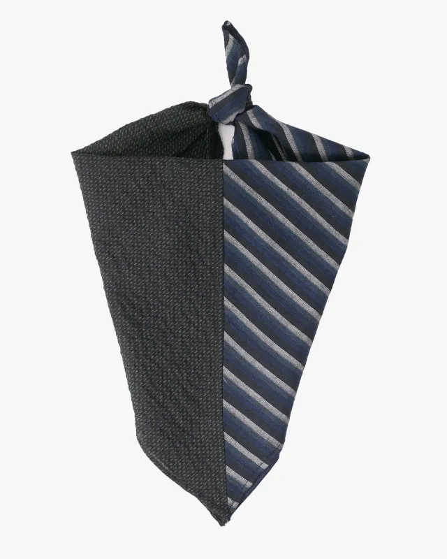 Kiriko Original Bandana, Split, Variated Blue Shima with Dotted Charcoal Seersucker sold by Kiriko