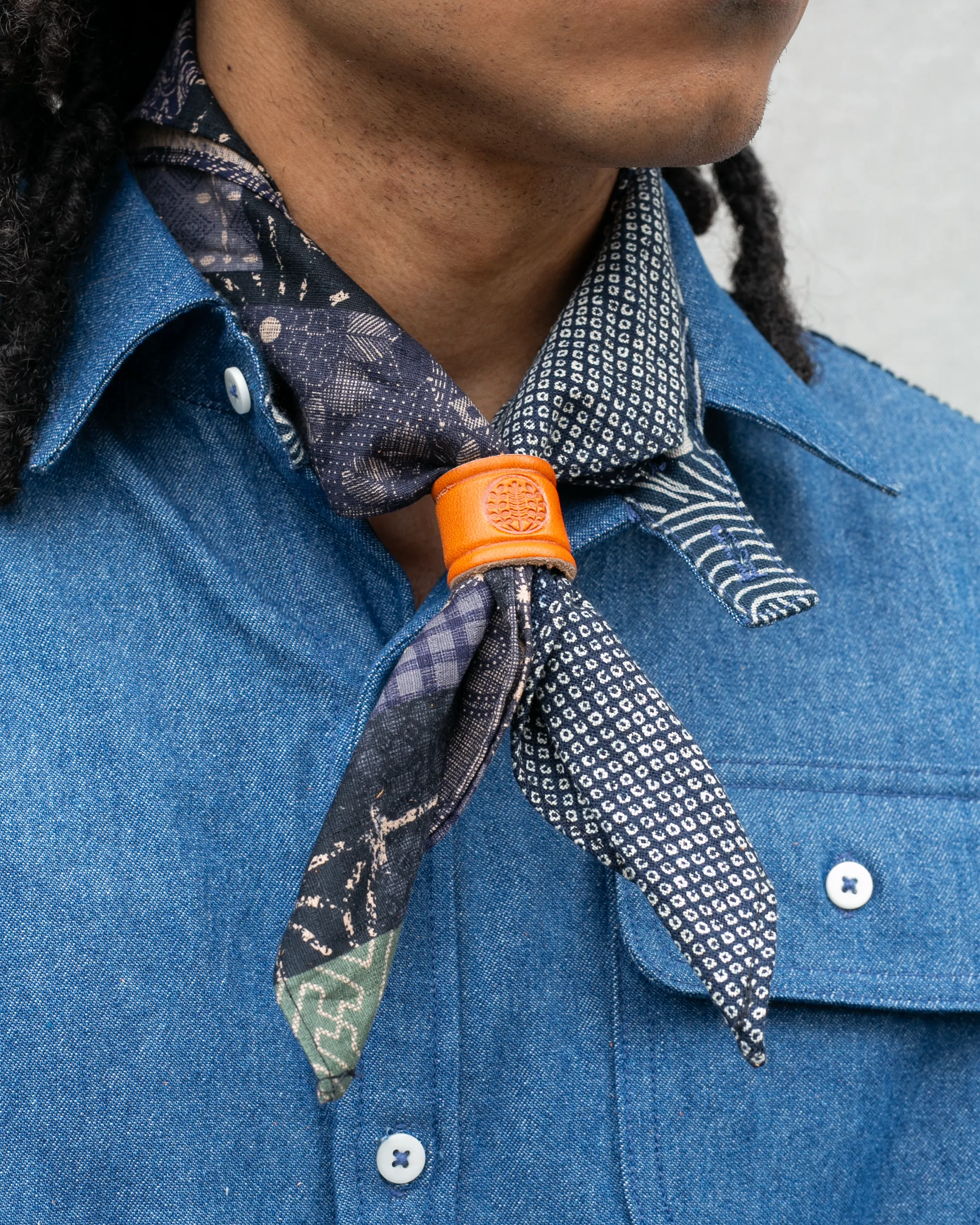 Kiriko Original Bandana, Split, Dark Indigo Patchwork Style with Indigo Shibori sold by Kiriko