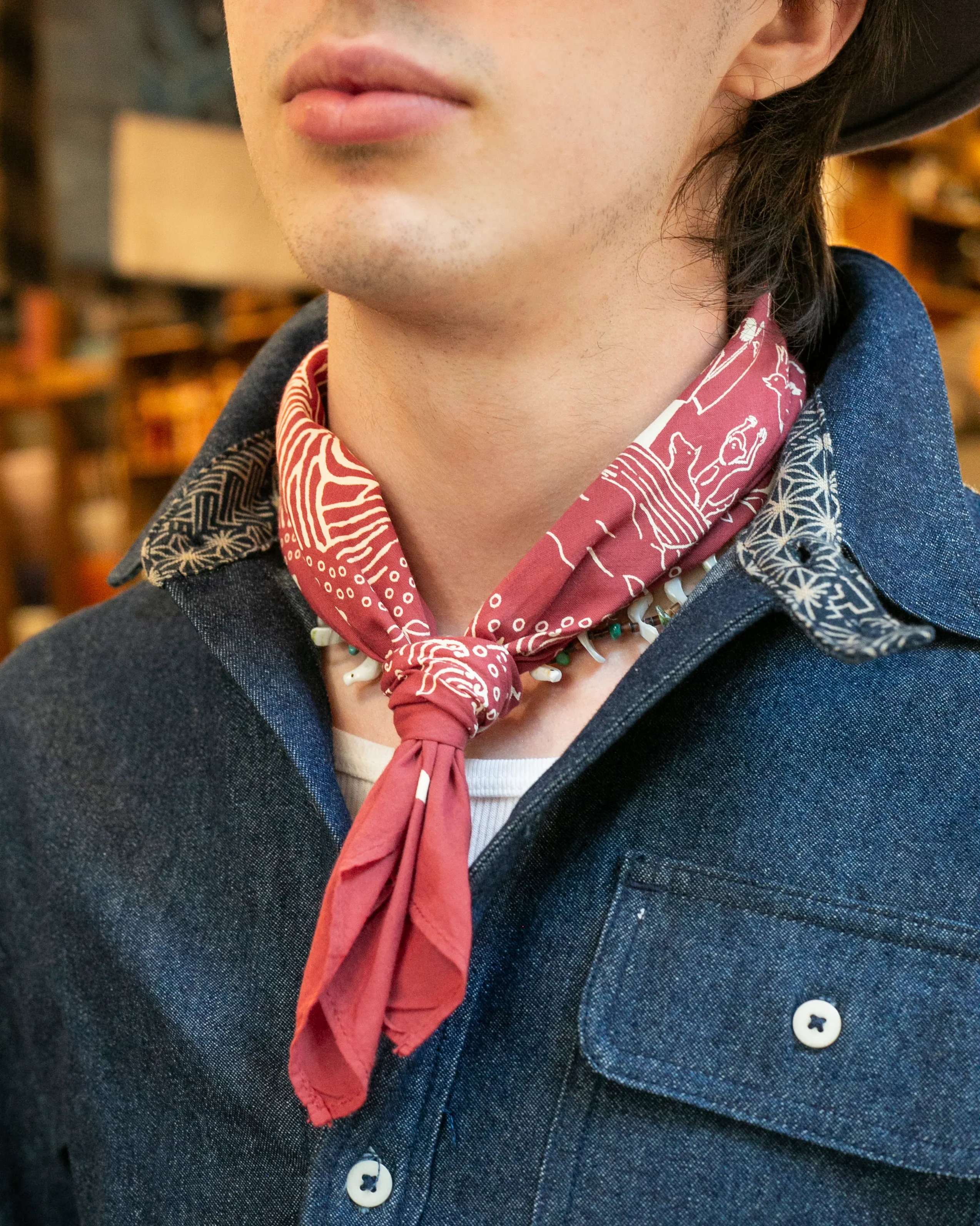 Kiriko Original Screen Printed, Custom-Dyed Bandana, Momotaro - Red sold by Kiriko