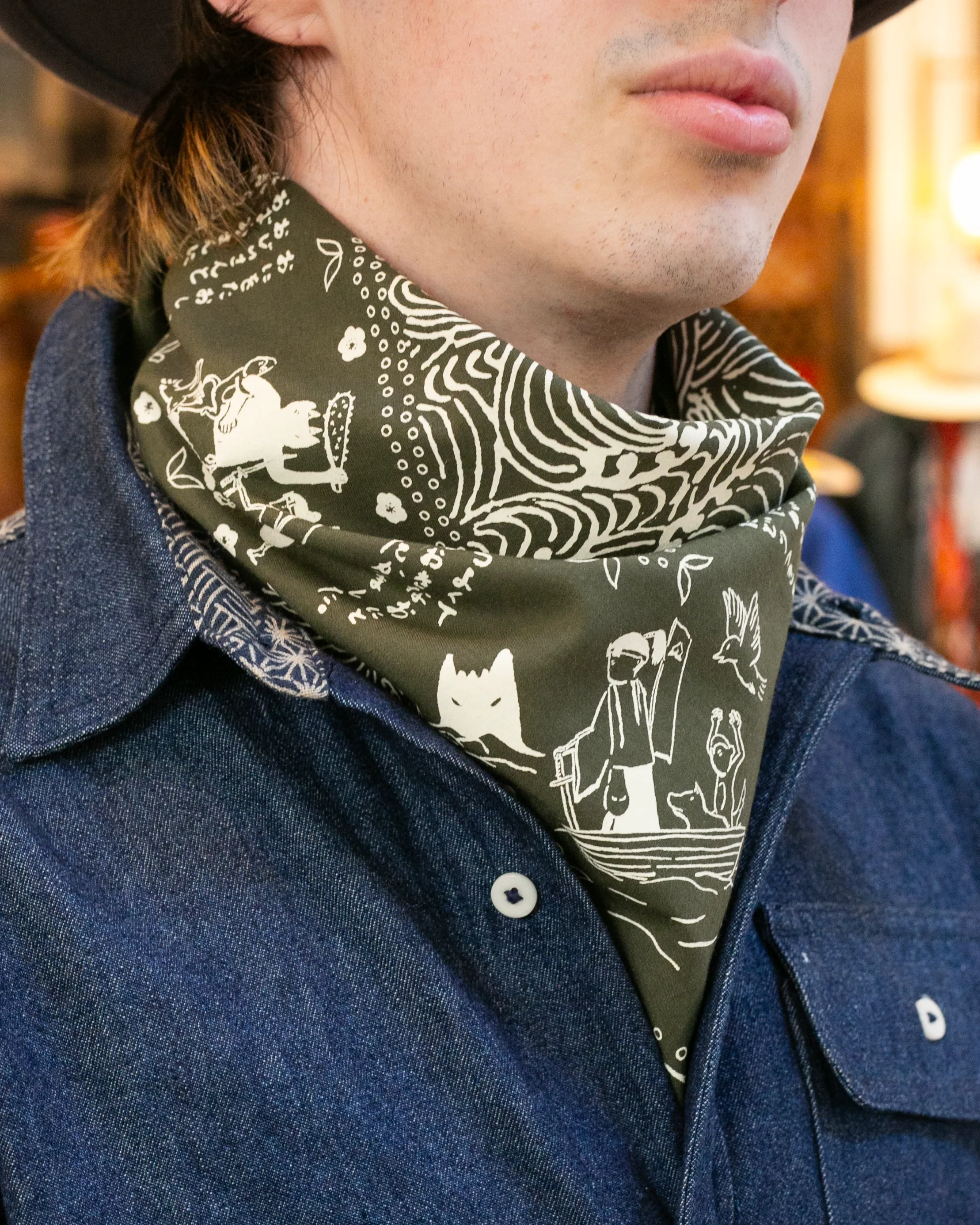 Kiriko Original Screen Printed, Custom-Dyed Bandana, Momotaro - Dark Green sold by Kiriko