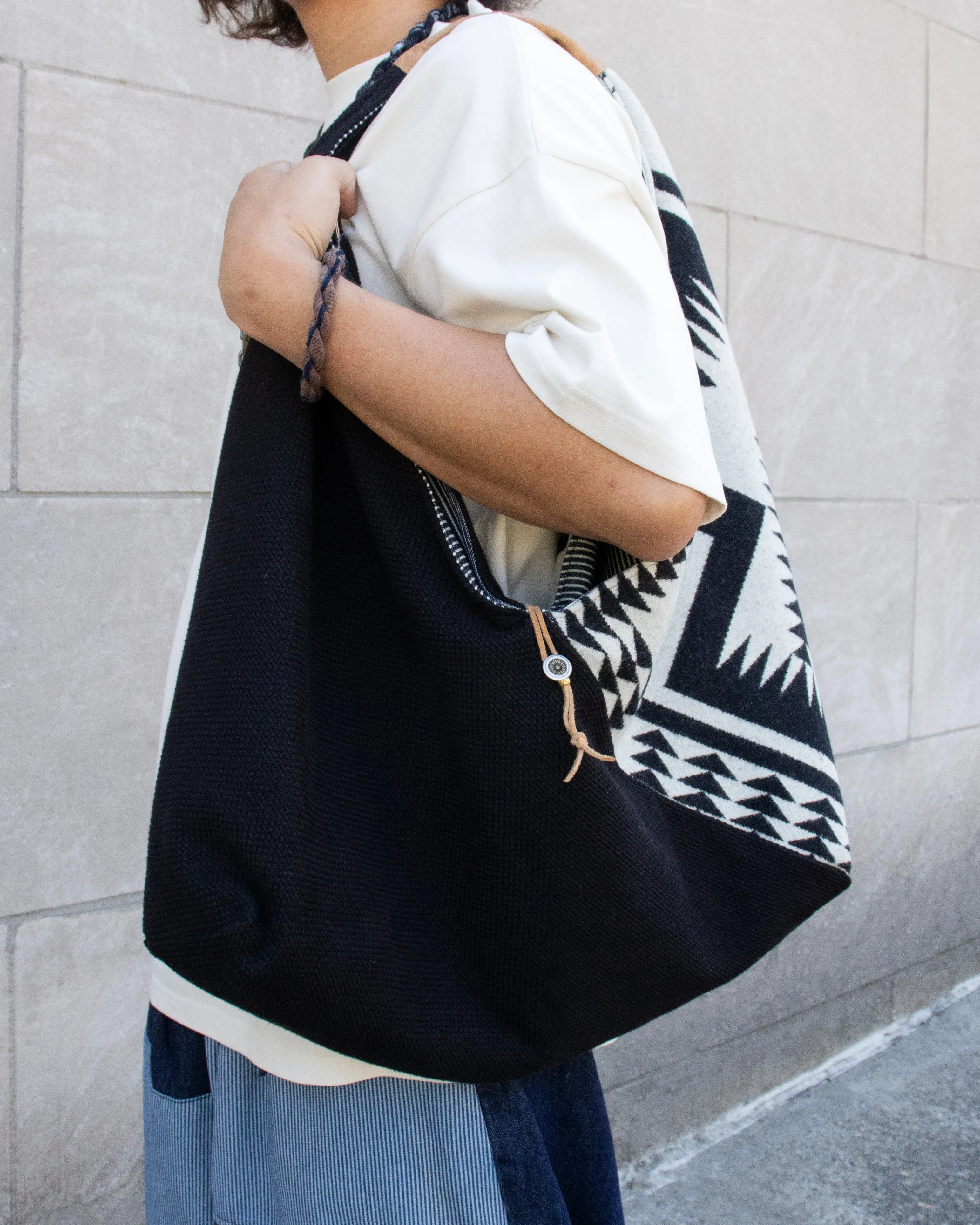 Kiriko Original Tsuno Tote, Sashi-Ori, Black with Black and White Wool Pendleton Fabric sold by Kiriko