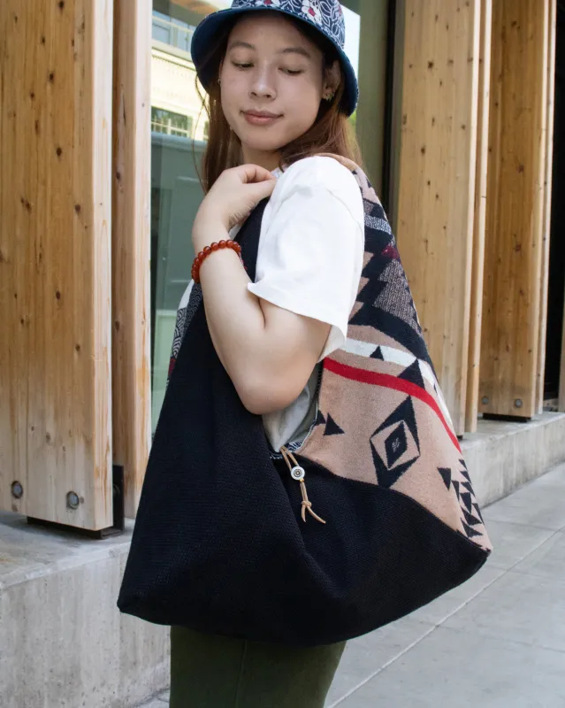 Kiriko Original Tsuno Tote, Sashi-Ori, Black with Tan and Red Wool Pendleton Fabric sold by Kiriko