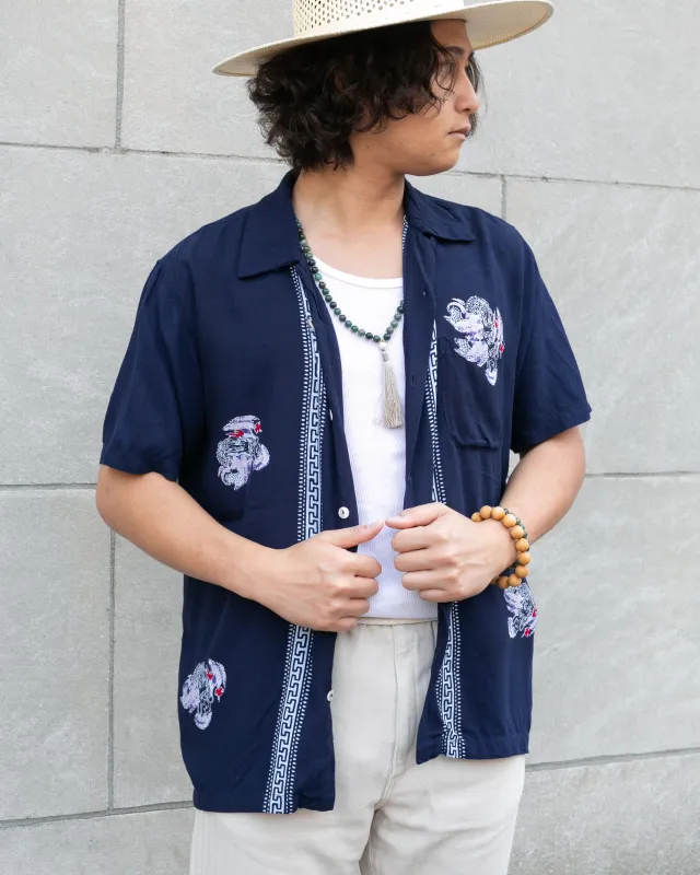 Japanese Repro, Short Sleeve Aloha Shirt, Gaijin Paradise Brand, Navy with Dragons and Vertical Stripes - L sold by Kiriko
