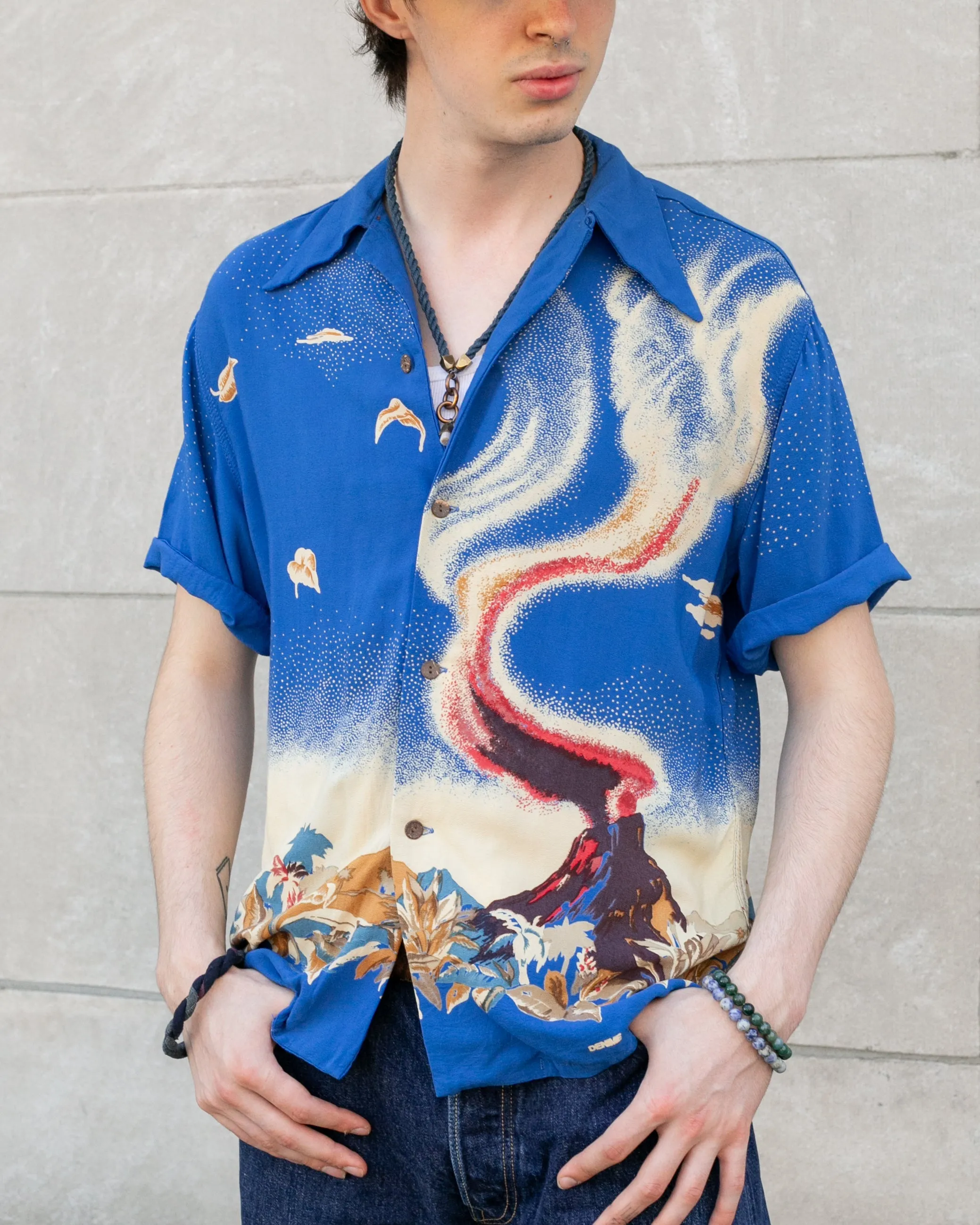 Japanese Repro, Short Sleeve Aloha Shirt, Denime Brand, Blue Volcano - L sold by Kiriko