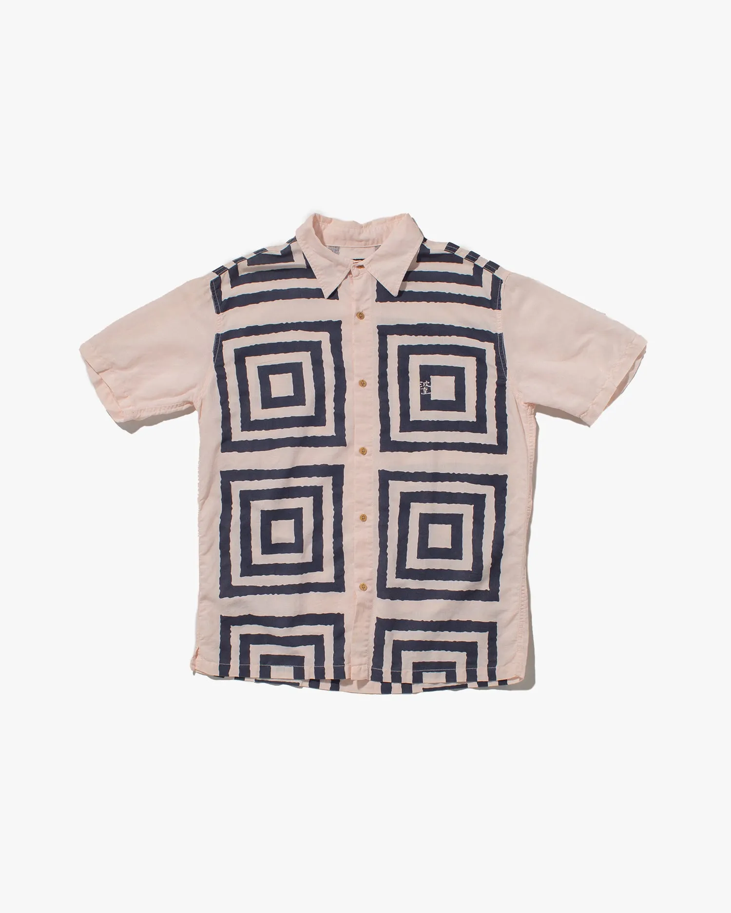 Japanese Repro, Short Sleeve Aloha Shirt, Coral Tint with Navy Square Shapes sold by Kiriko