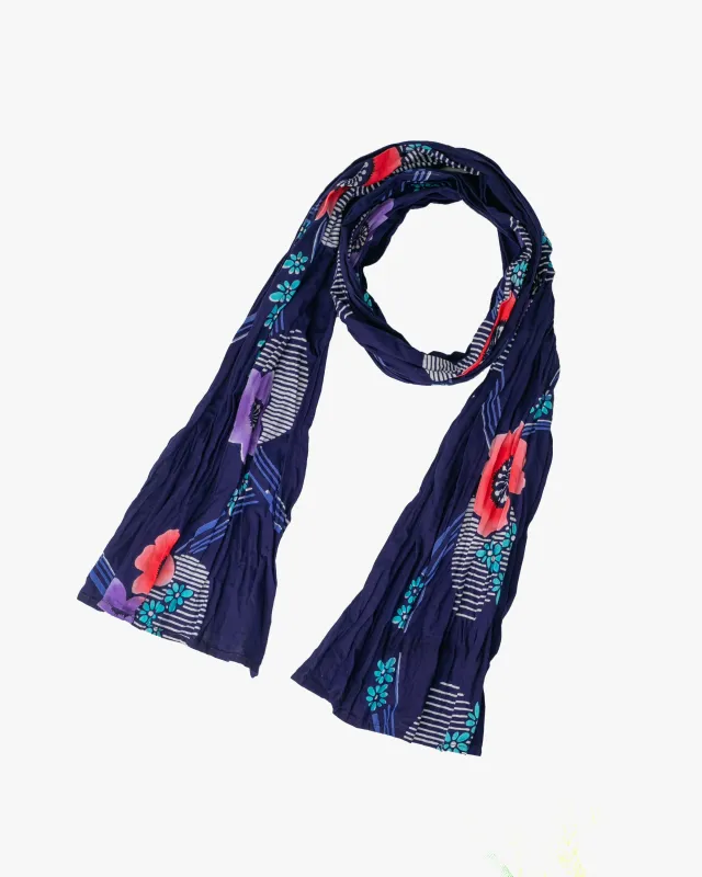 Kiriko Original Scarf, Kiji, Yukata, Shima Navy Striped With Red and Aqua Flowers sold by Kiriko
