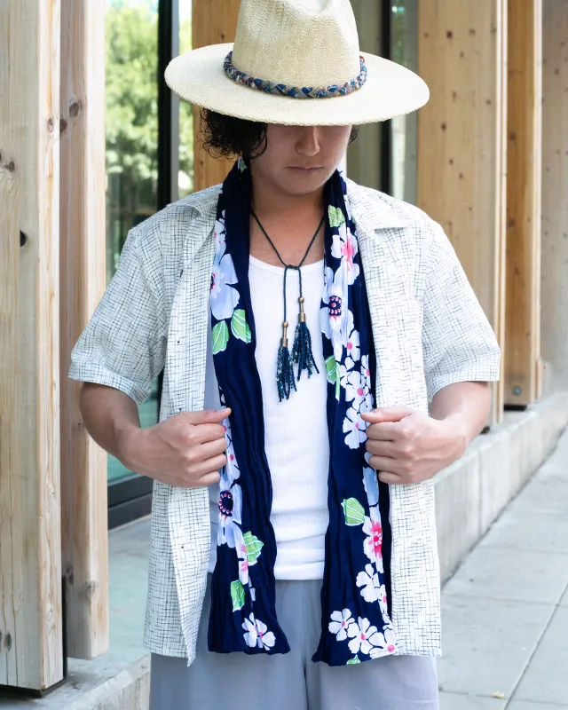 Kiriko Original Scarf, Kiji, Yukata,Shima Dark Indigo with White Flowers and Red Accents sold by Kiriko