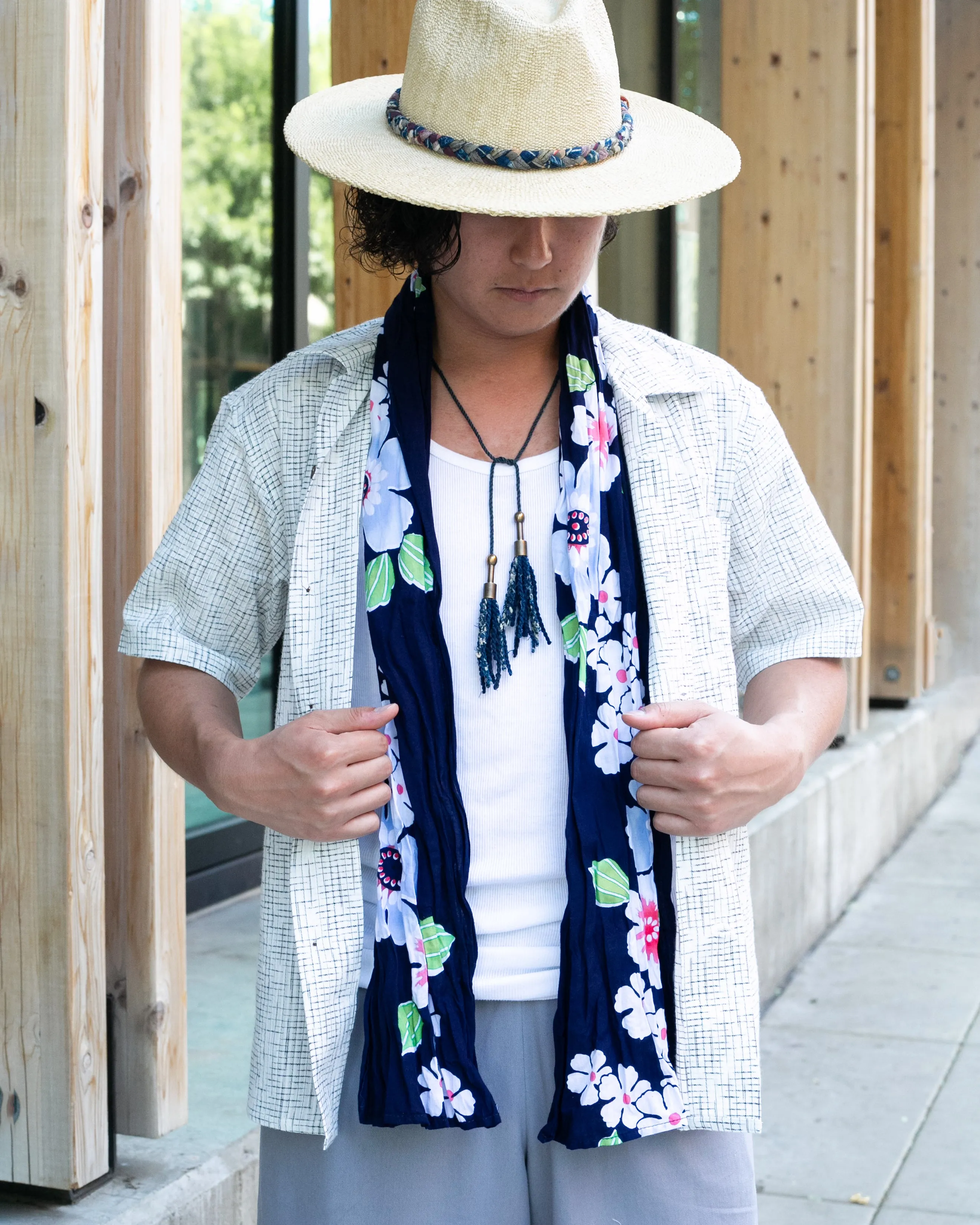 Kiriko Original Scarf, Kiji, Yukata,Shima Dark Indigo with White Flowers and Red Accents sold by Kiriko