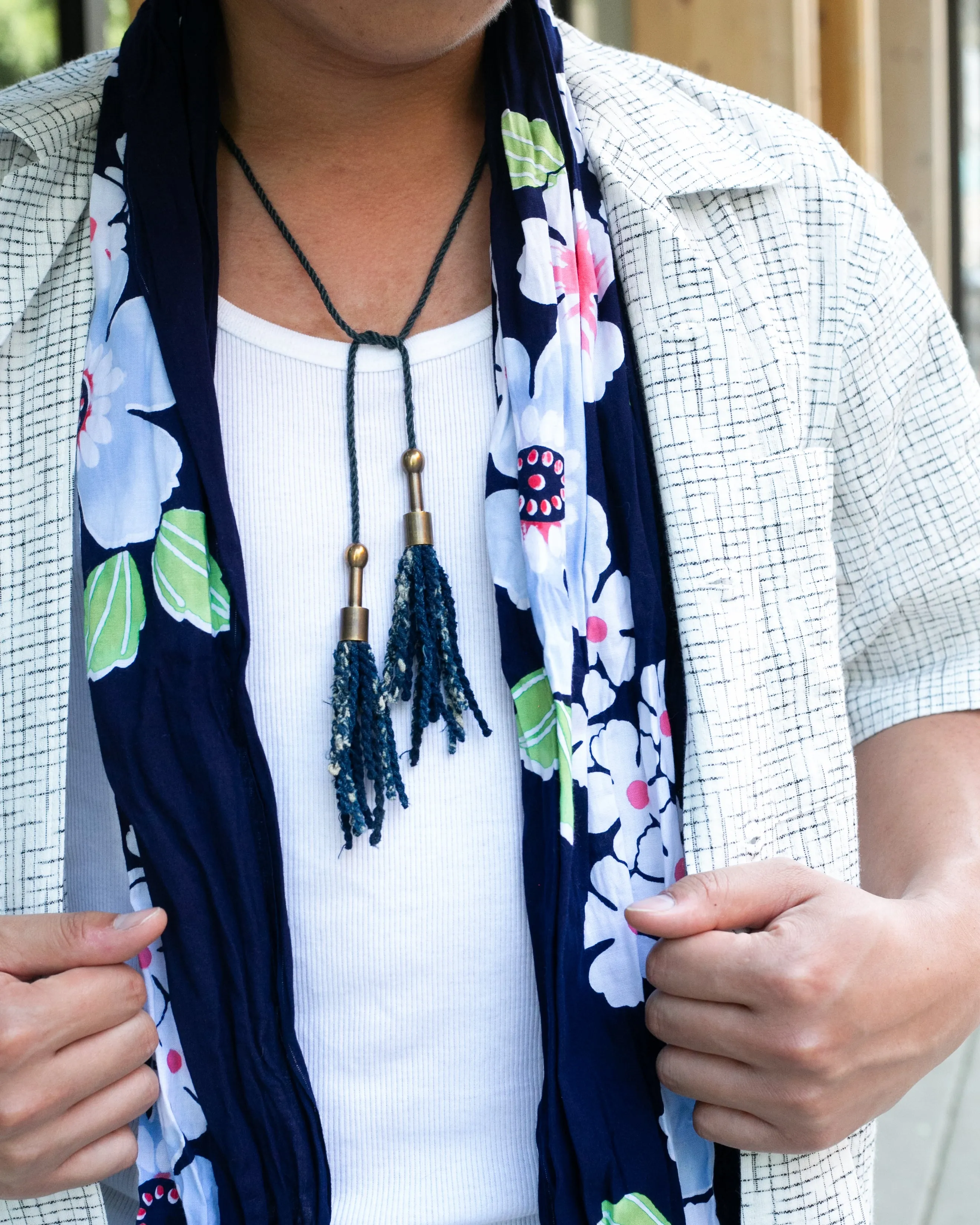 Kiriko Original Scarf, Kiji, Yukata,Shima Dark Indigo with White Flowers and Red Accents sold by Kiriko product image thumbnail 2