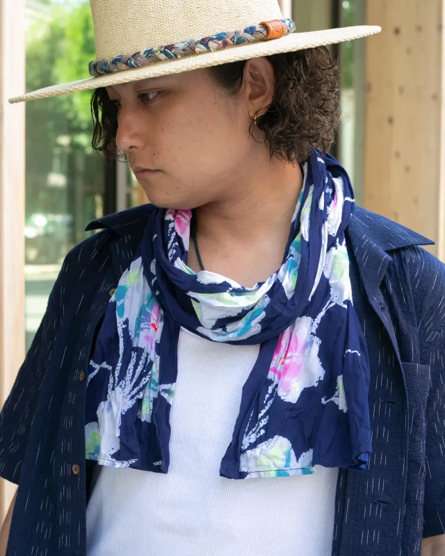 Kiriko Original Scarf, Kiji, Yukata, Shima Navy with Multi color flowers and leaves sold by Kiriko