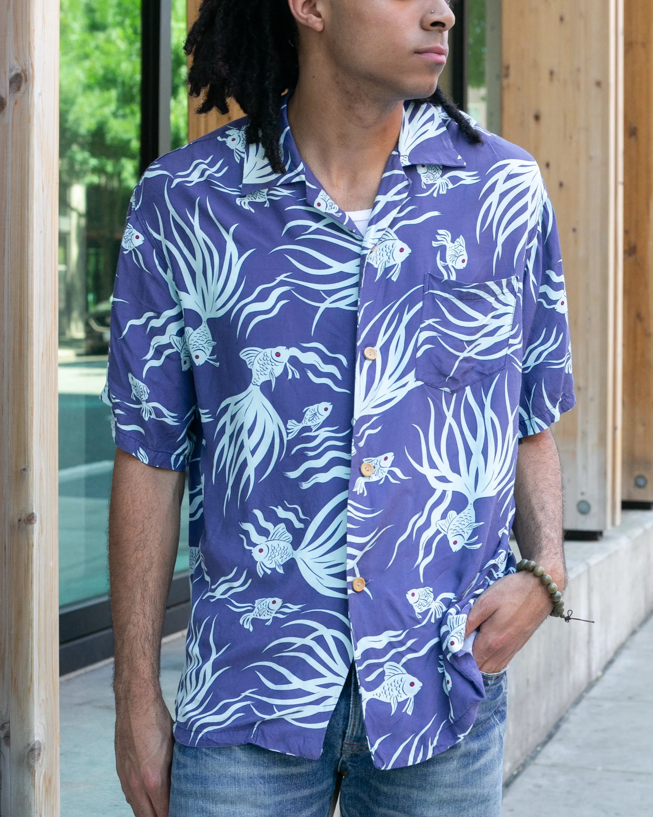 Japanese Repro, Short Sleeve Aloha Shirt, Seilin Brand, Blue Goldfish sold by Kiriko product image thumbnail 2