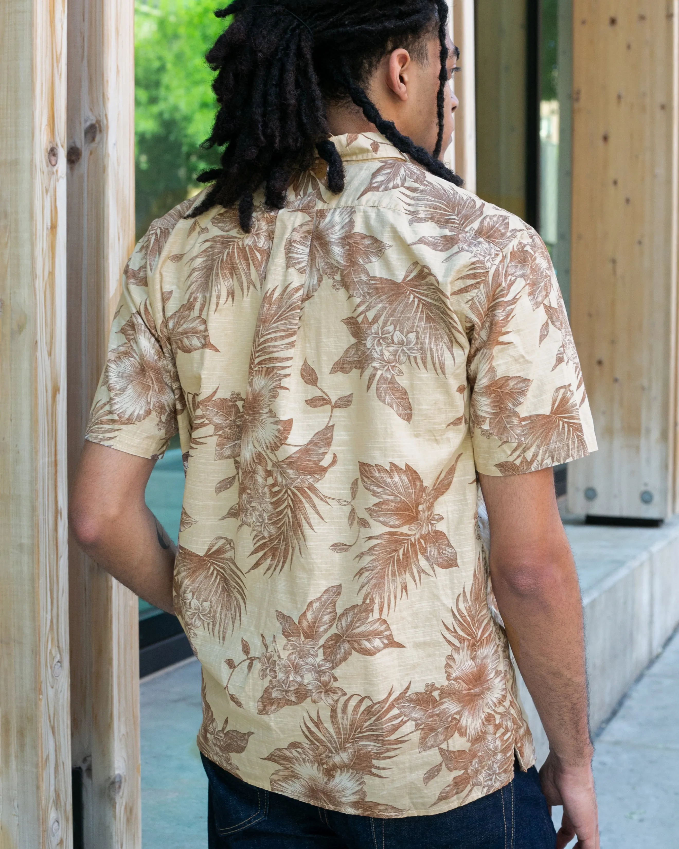 Japanese Repro, Short Sleeve Aloha Shirt, Hawaiian Aloha Tropical Brand, Cream and Brown Flowers and Leaves sold by Kiriko product image thumbnail 4