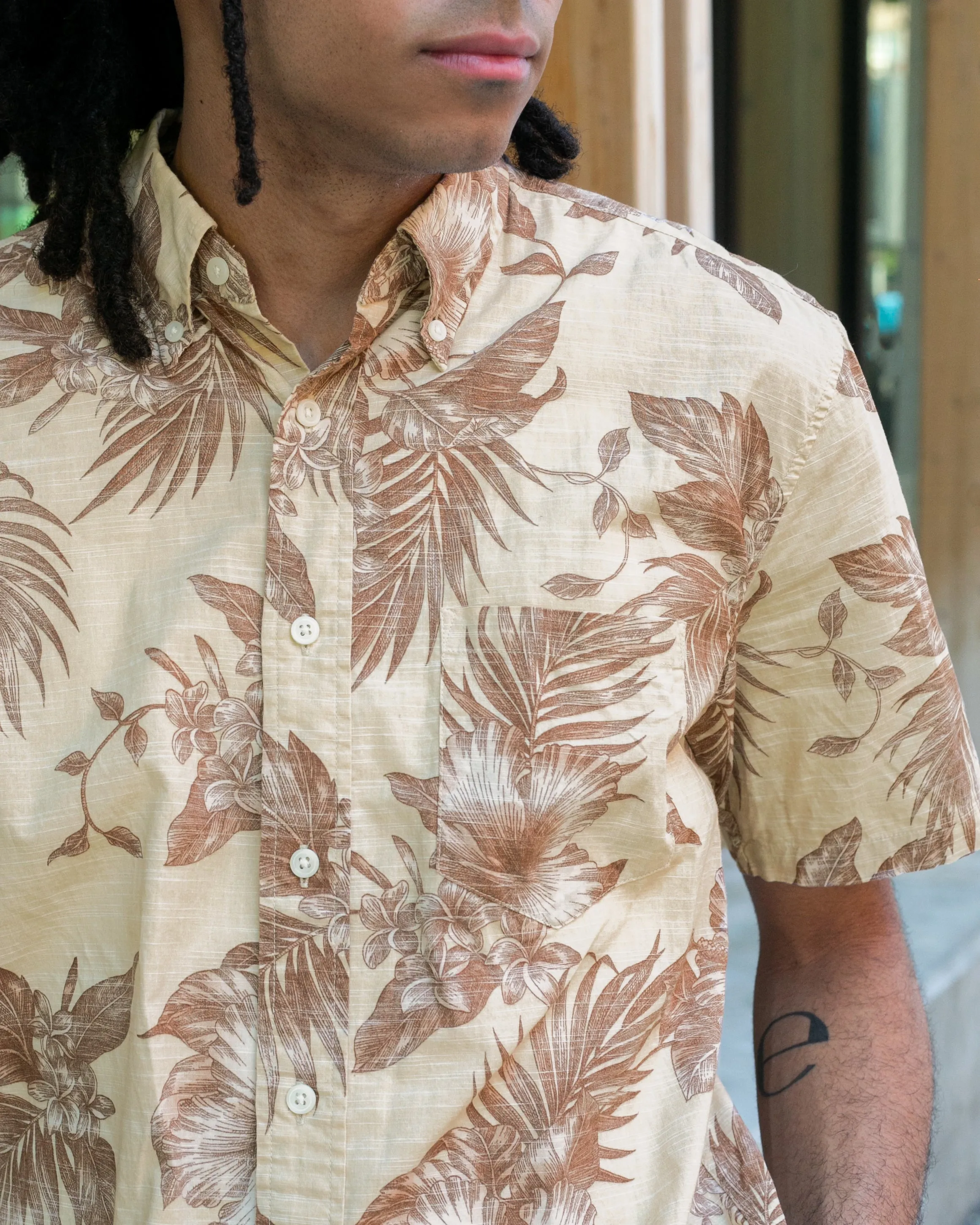 Japanese Repro, Short Sleeve Aloha Shirt, Hawaiian Aloha Tropical Brand, Cream and Brown Flowers and Leaves sold by Kiriko product image thumbnail 2