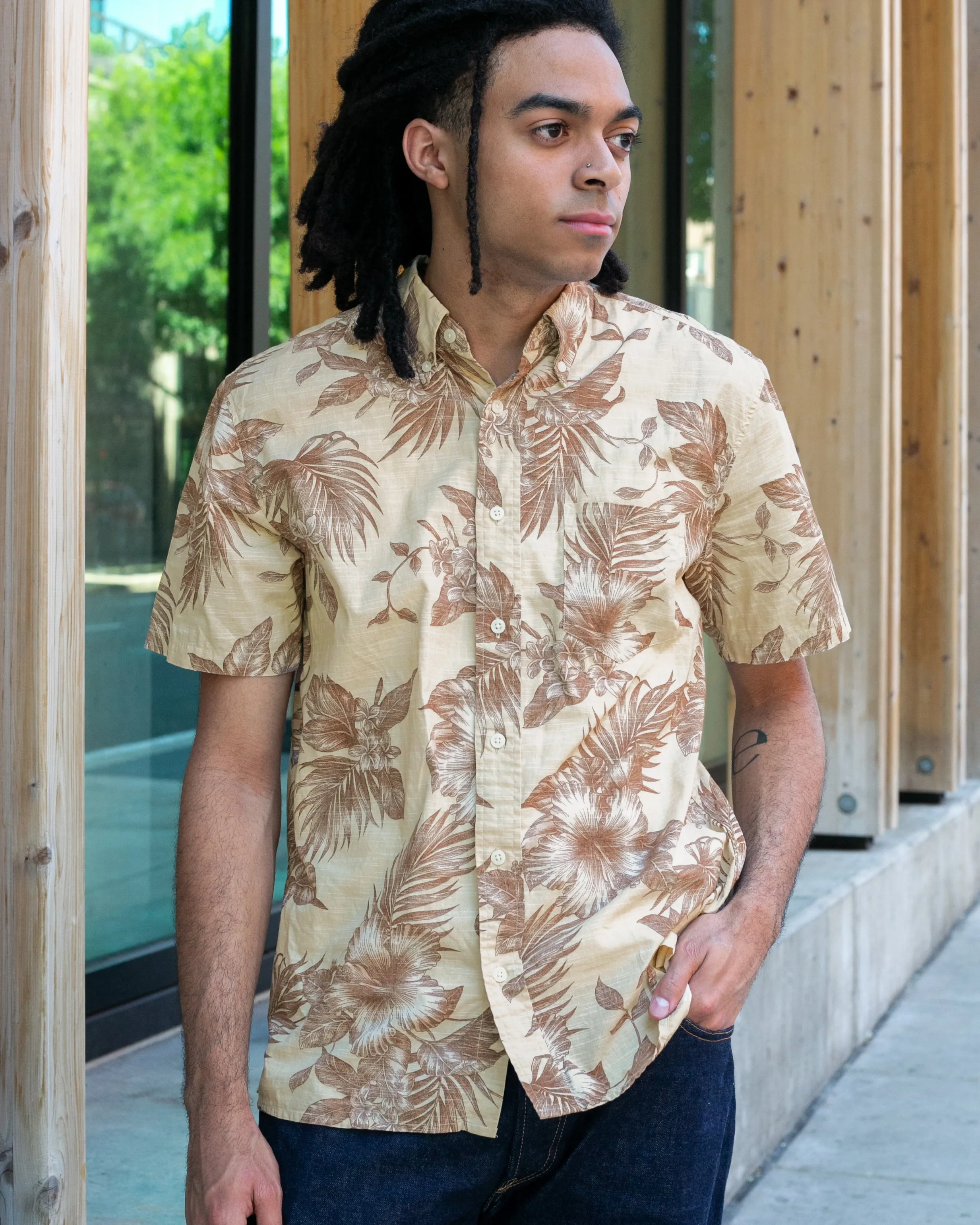 Japanese Repro, Short Sleeve Aloha Shirt, Hawaiian Aloha Tropical Brand, Cream and Brown Flowers and Leaves sold by Kiriko product image thumbnail 5