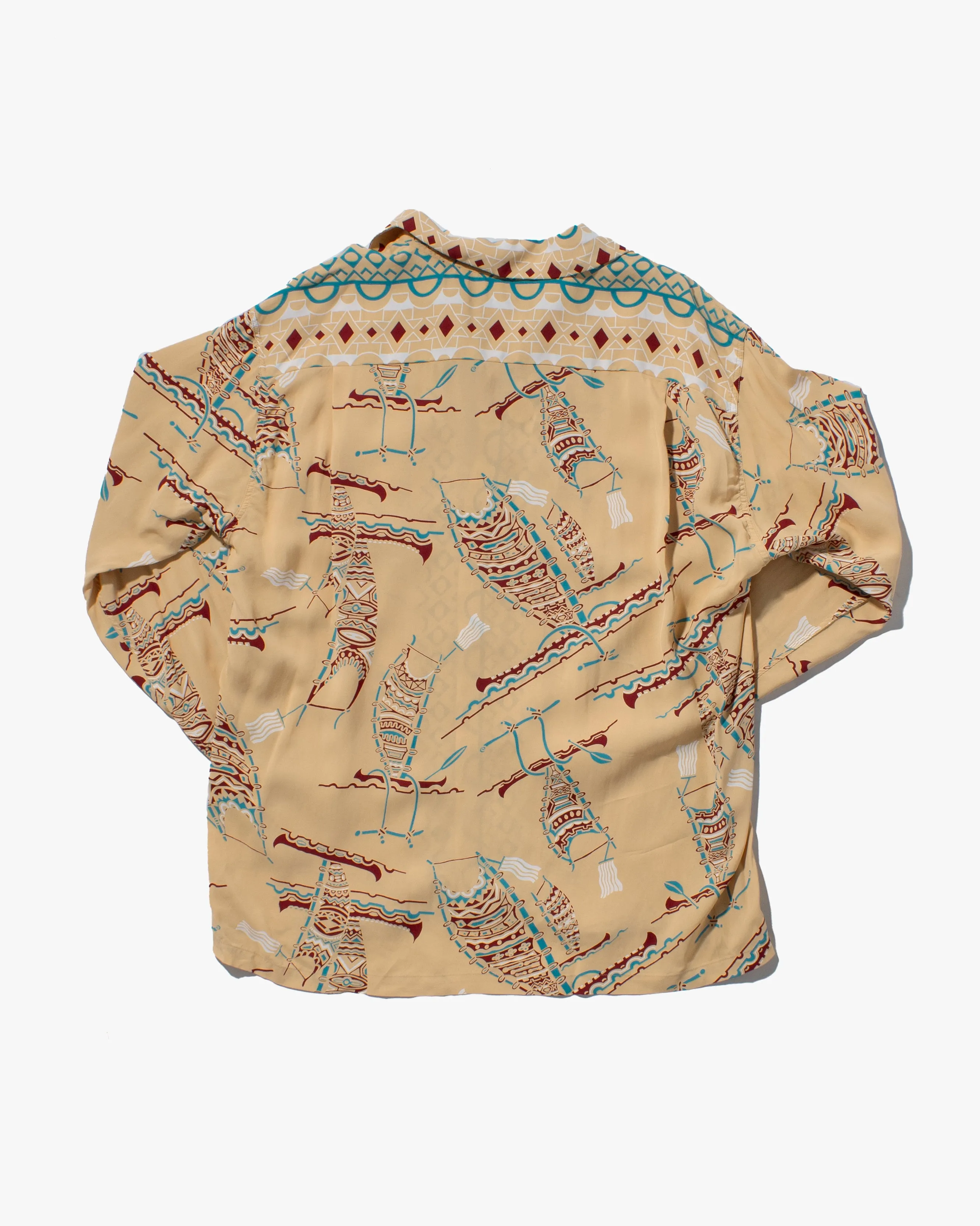 Japanese Repro, Long Sleeve Aloha Shirt, Sun Surf Brand, Khaki with Tribal Accents sold by Kiriko product image thumbnail 2