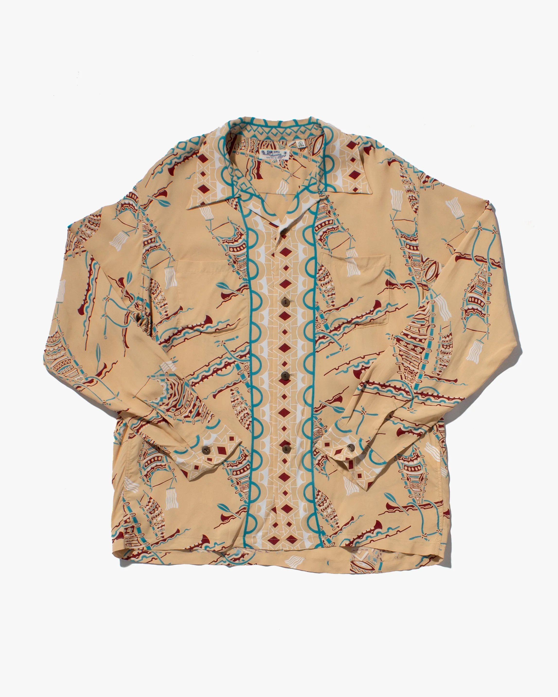 Japanese Repro, Long Sleeve Aloha Shirt, Sun Surf Brand, Khaki with Tribal Accents sold by Kiriko