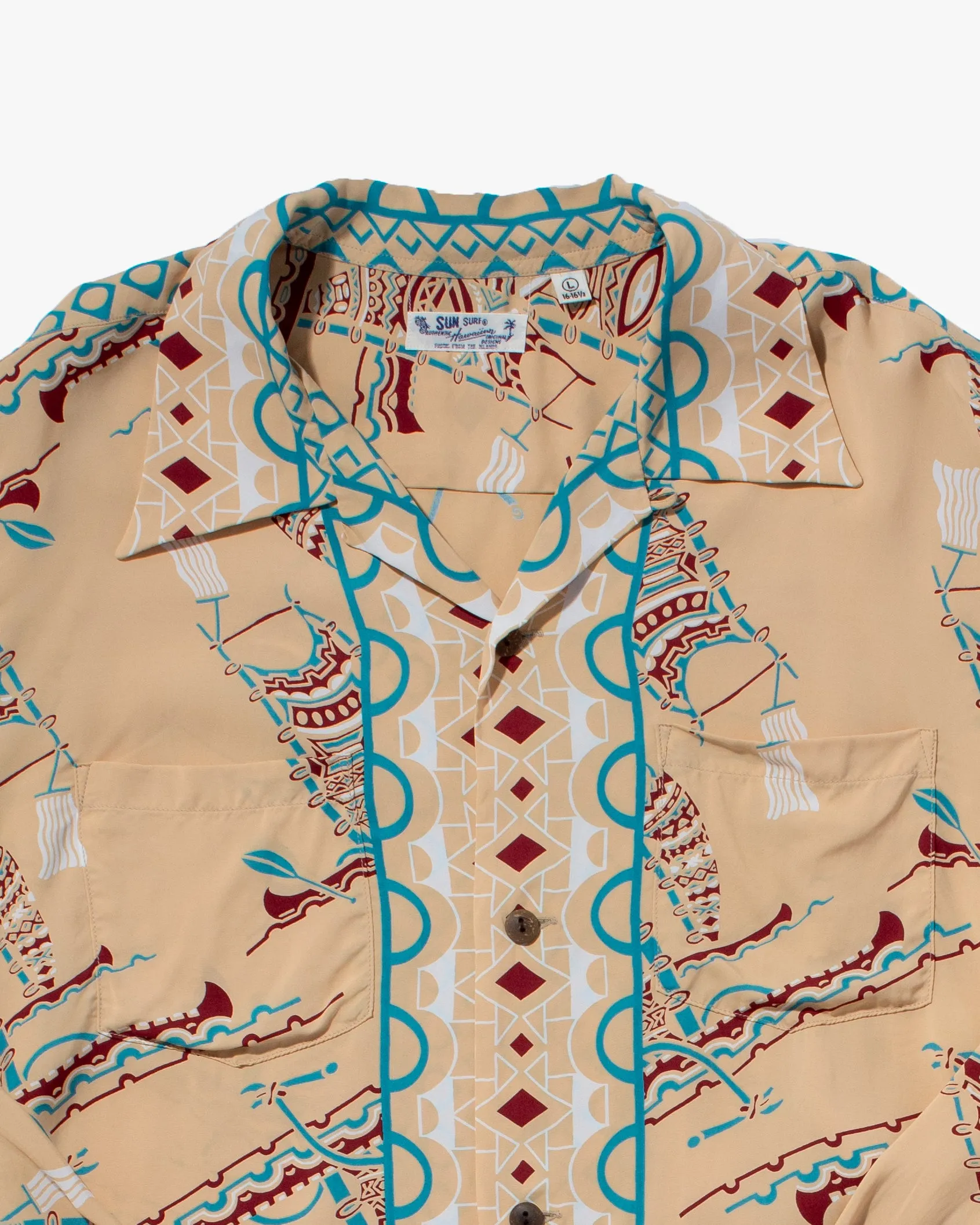 Japanese Repro, Long Sleeve Aloha Shirt, Sun Surf Brand, Khaki with Tribal Accents sold by Kiriko product image thumbnail 3