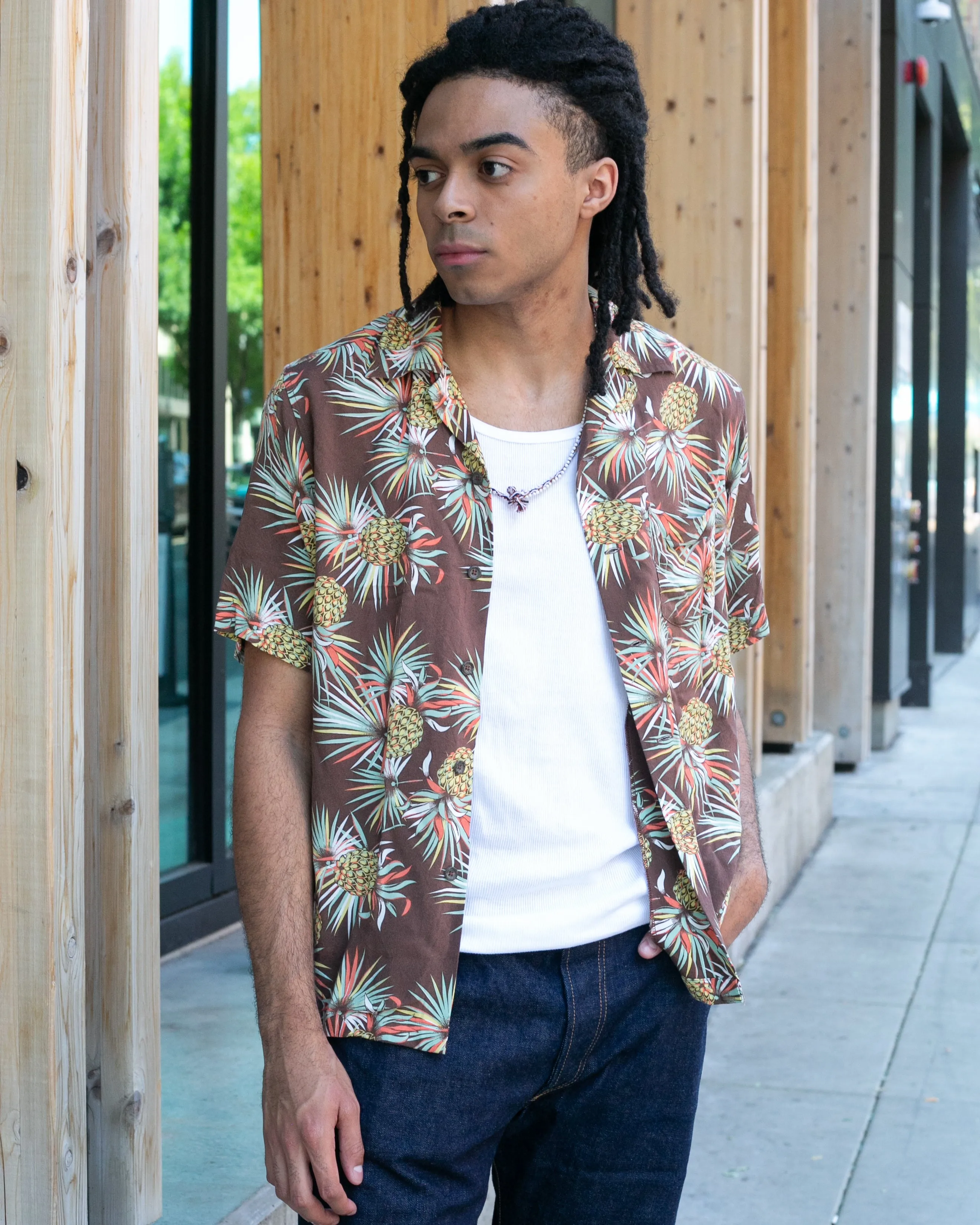 Japanese Repro, Short Sleeve Aloha Shirt, Kaluluwa Brand, Brown with Yellow and Green Pineapples sold by Kiriko