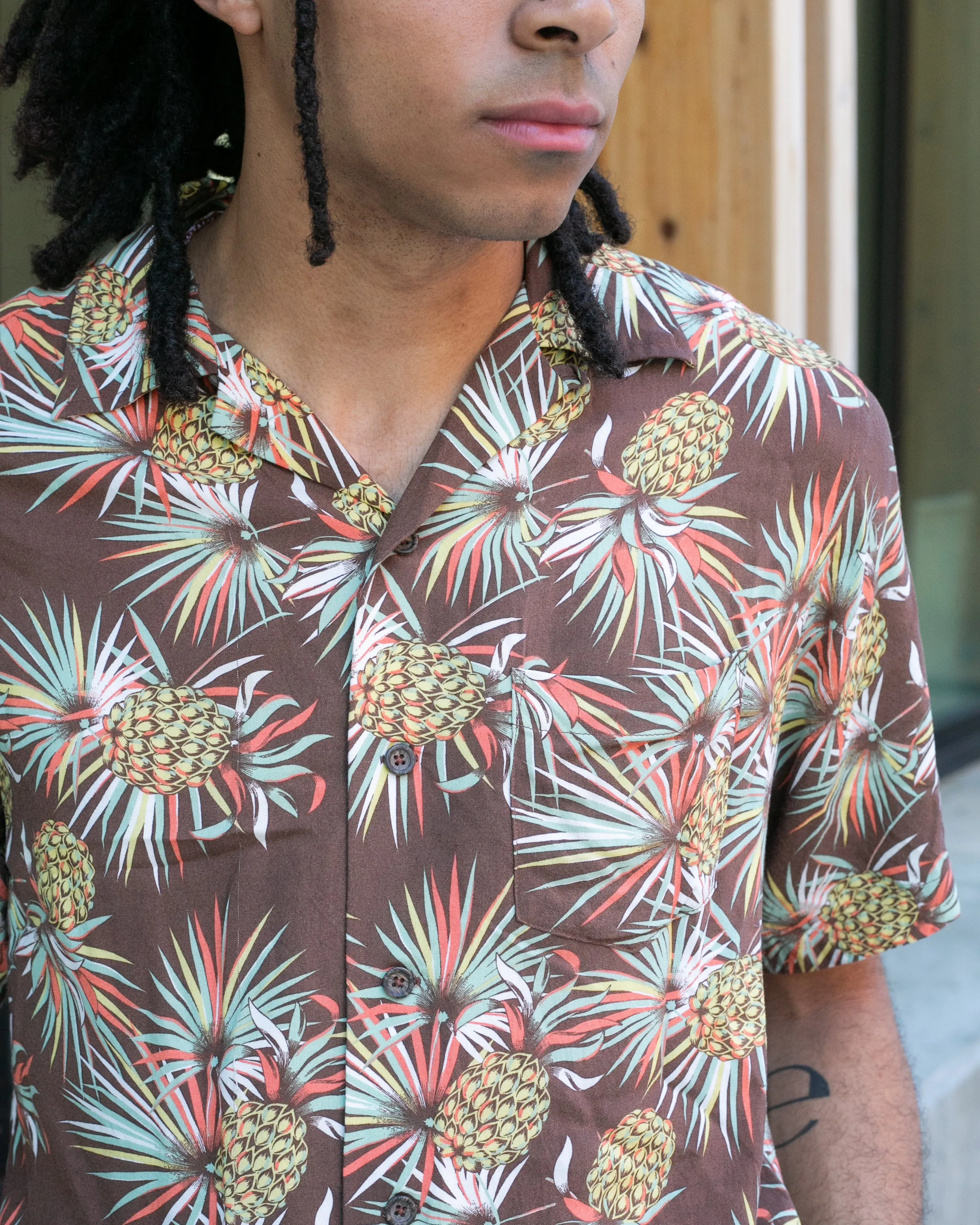 Japanese Repro, Short Sleeve Aloha Shirt, Kaluluwa Brand, Brown with Yellow and Green Pineapples sold by Kiriko product image thumbnail 2