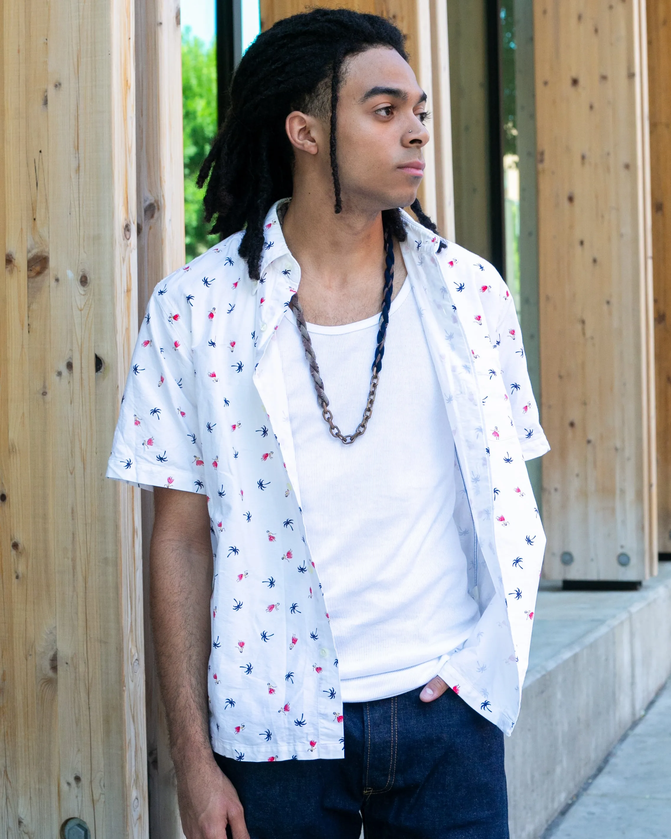 Japanese Repro, Short Sleeve Aloha Shirt, Sun Surf Brand, White with Palm Trees and Hula sold by Kiriko