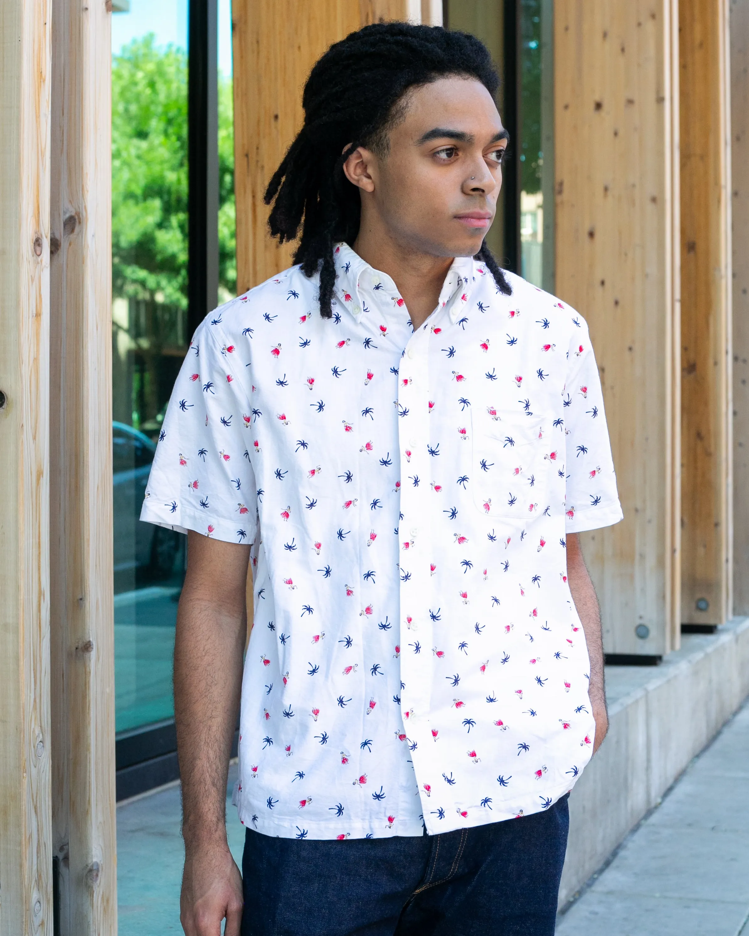 Japanese Repro, Short Sleeve Aloha Shirt, Sun Surf Brand, White with Palm Trees and Hula sold by Kiriko product image thumbnail 5