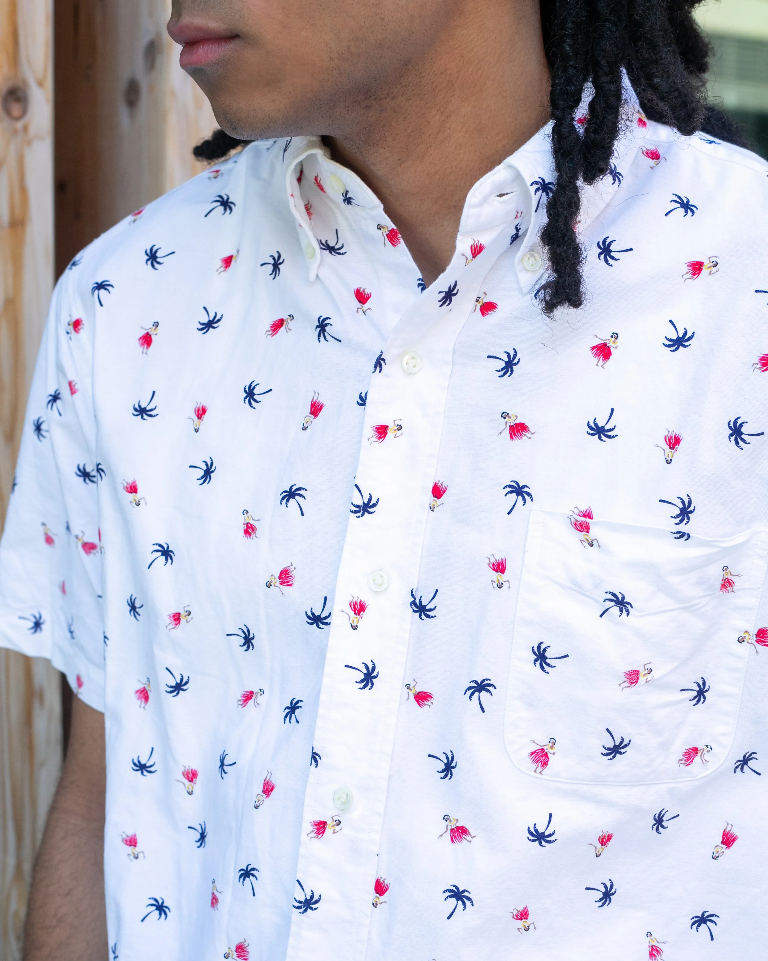 Japanese Repro, Short Sleeve Aloha Shirt, Sun Surf Brand, White with Palm Trees and Hula sold by Kiriko product image thumbnail 2