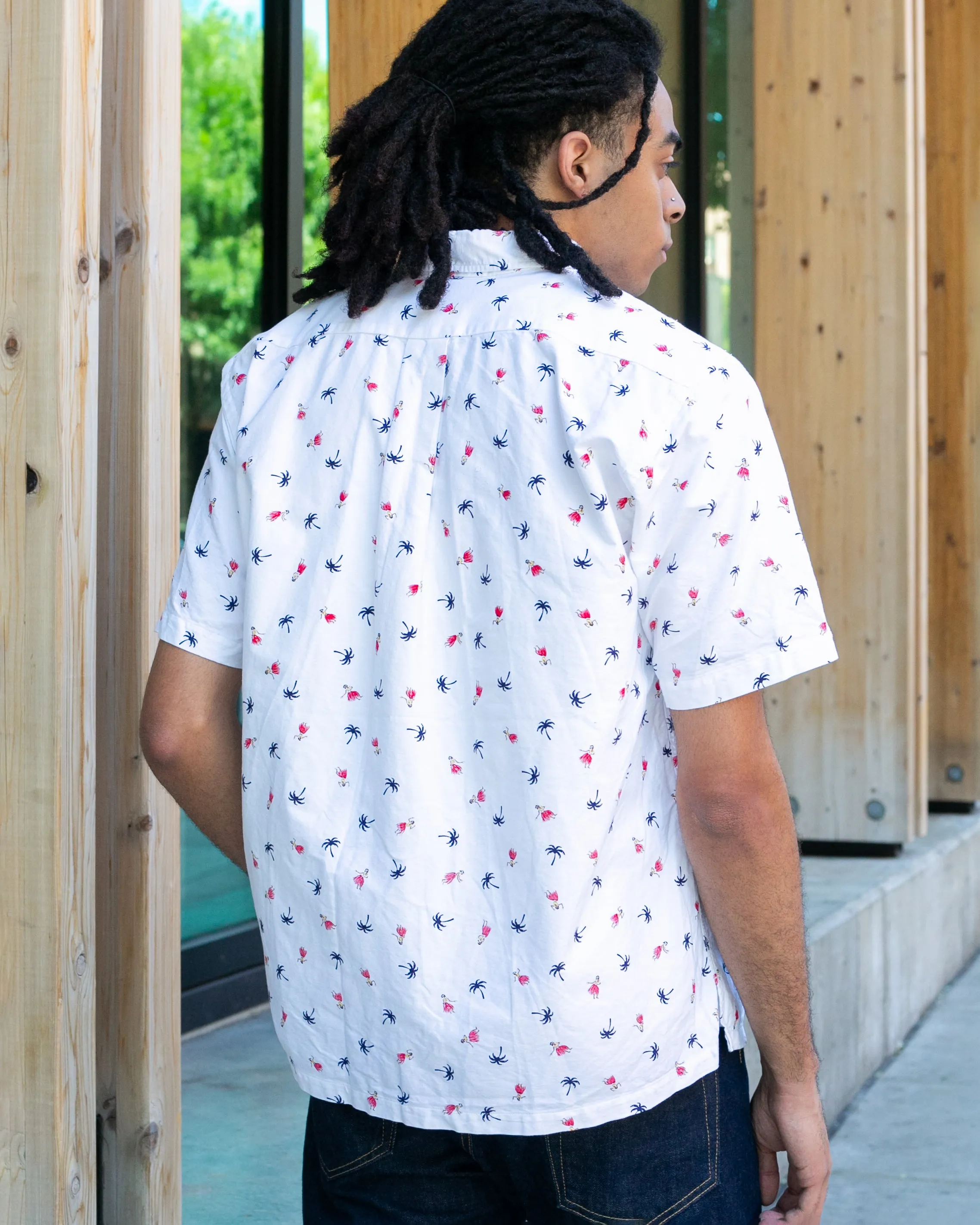 Japanese Repro, Short Sleeve Aloha Shirt, Sun Surf Brand, White with Palm Trees and Hula sold by Kiriko product image thumbnail 3