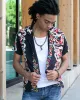 Japanese Repro, Short Sleeve Aloha Shirt, Houston Co. Brand, Black Shima with Red and Yellow Floral sold by Kiriko