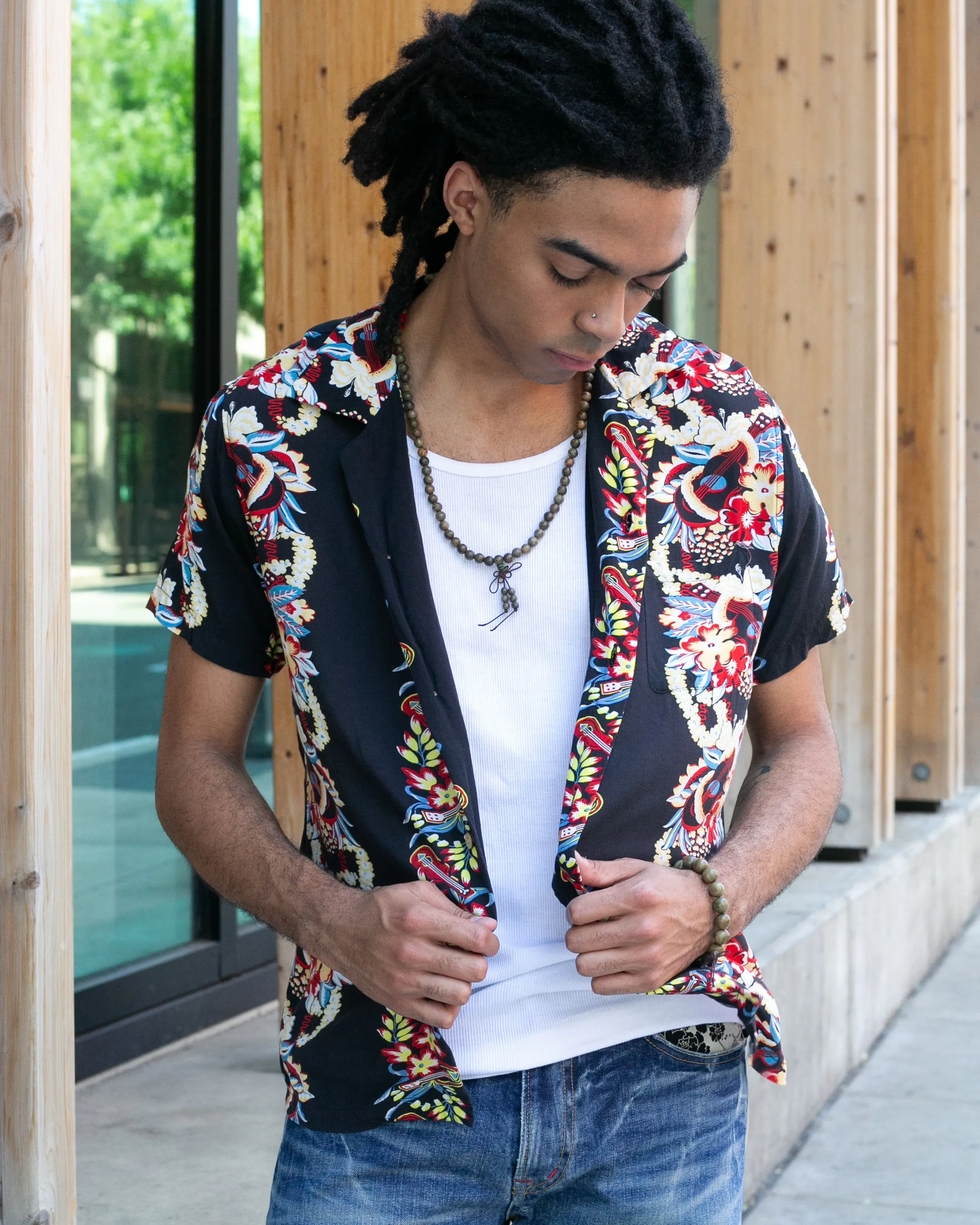 Japanese Repro, Short Sleeve Aloha Shirt, Houston Co. Brand, Black Shima with Red and Yellow Floral sold by Kiriko product image thumbnail 5