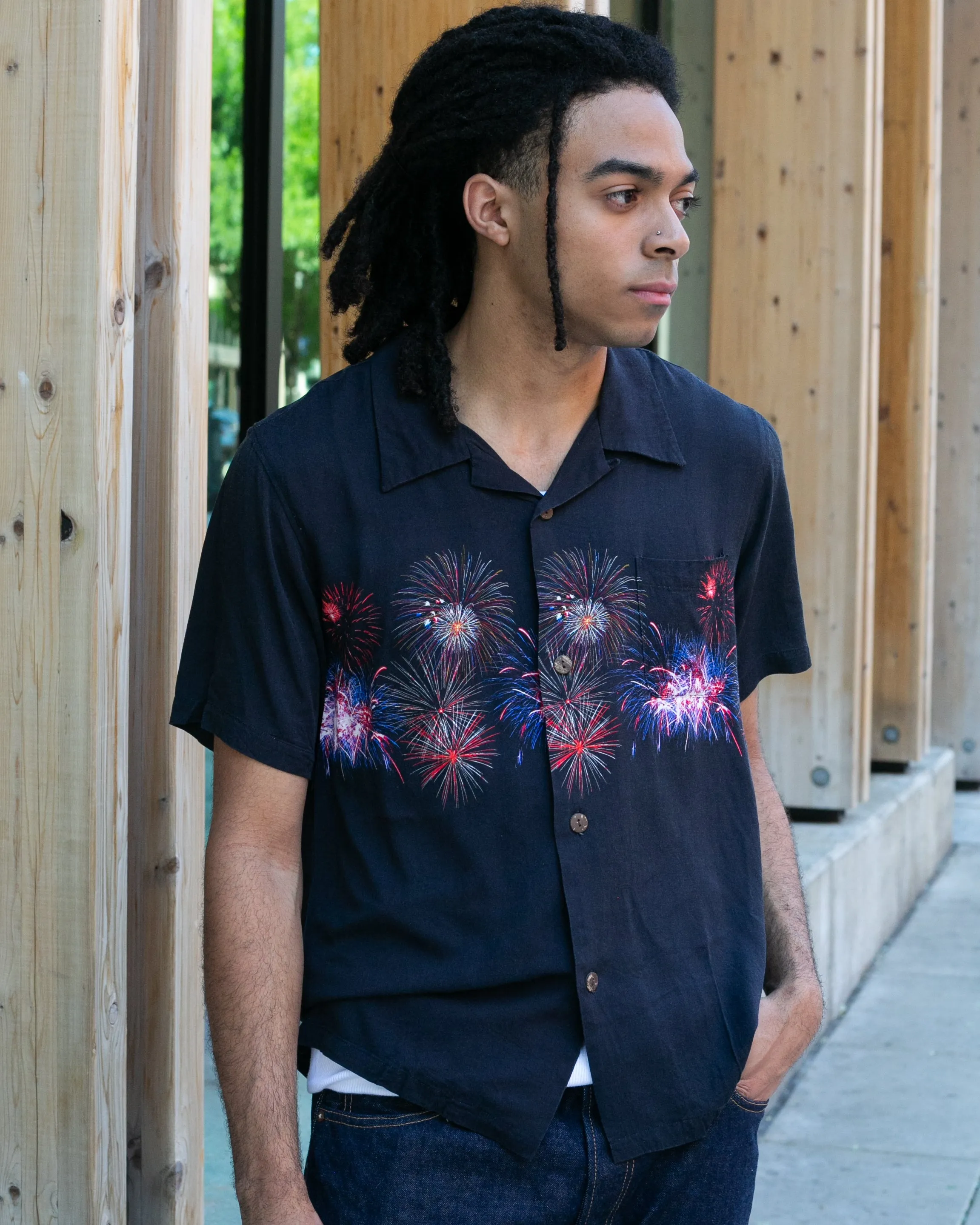Japanese Repro, Short Sleeve Aloha Shirt, Houston Brand, Black with Fireworks sold by Kiriko