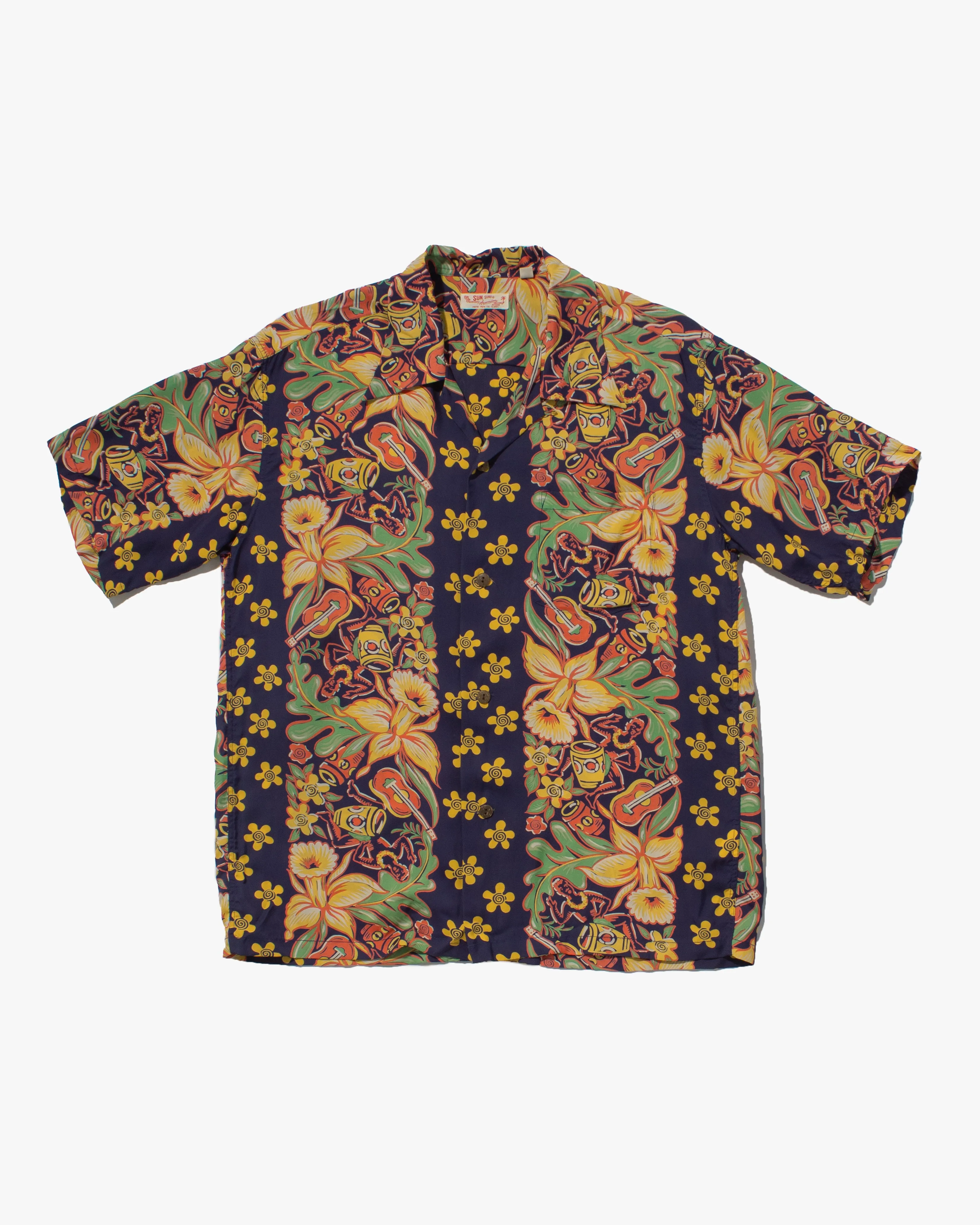 Japanese Repro, Short Sleeve Aloha Shirt, Sun Surf Brand, Navy Blue with Coral, Green, and Yellow Flowers sold by Kiriko