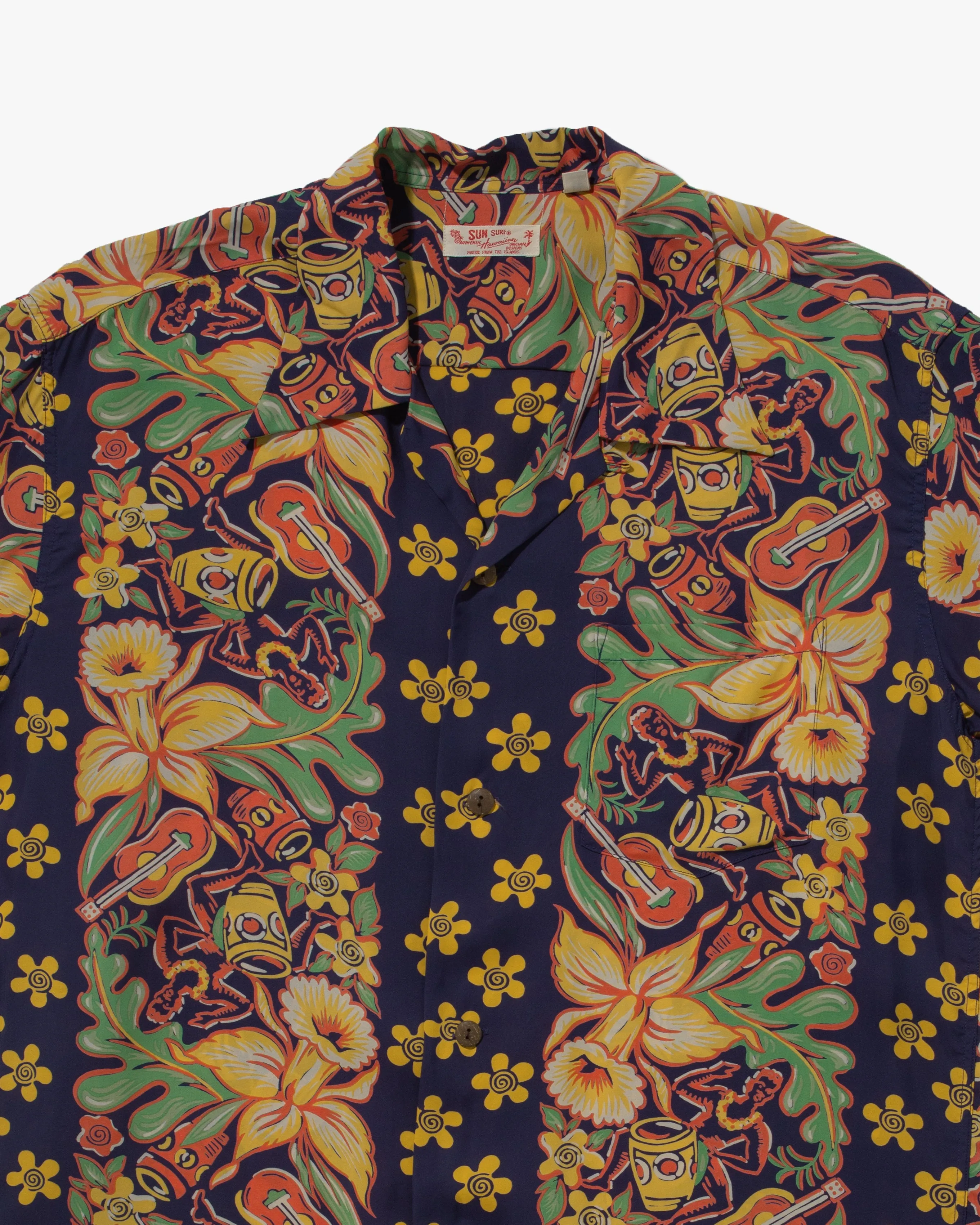 Japanese Repro, Short Sleeve Aloha Shirt, Sun Surf Brand, Navy Blue with Coral, Green, and Yellow Flowers sold by Kiriko product image thumbnail 2