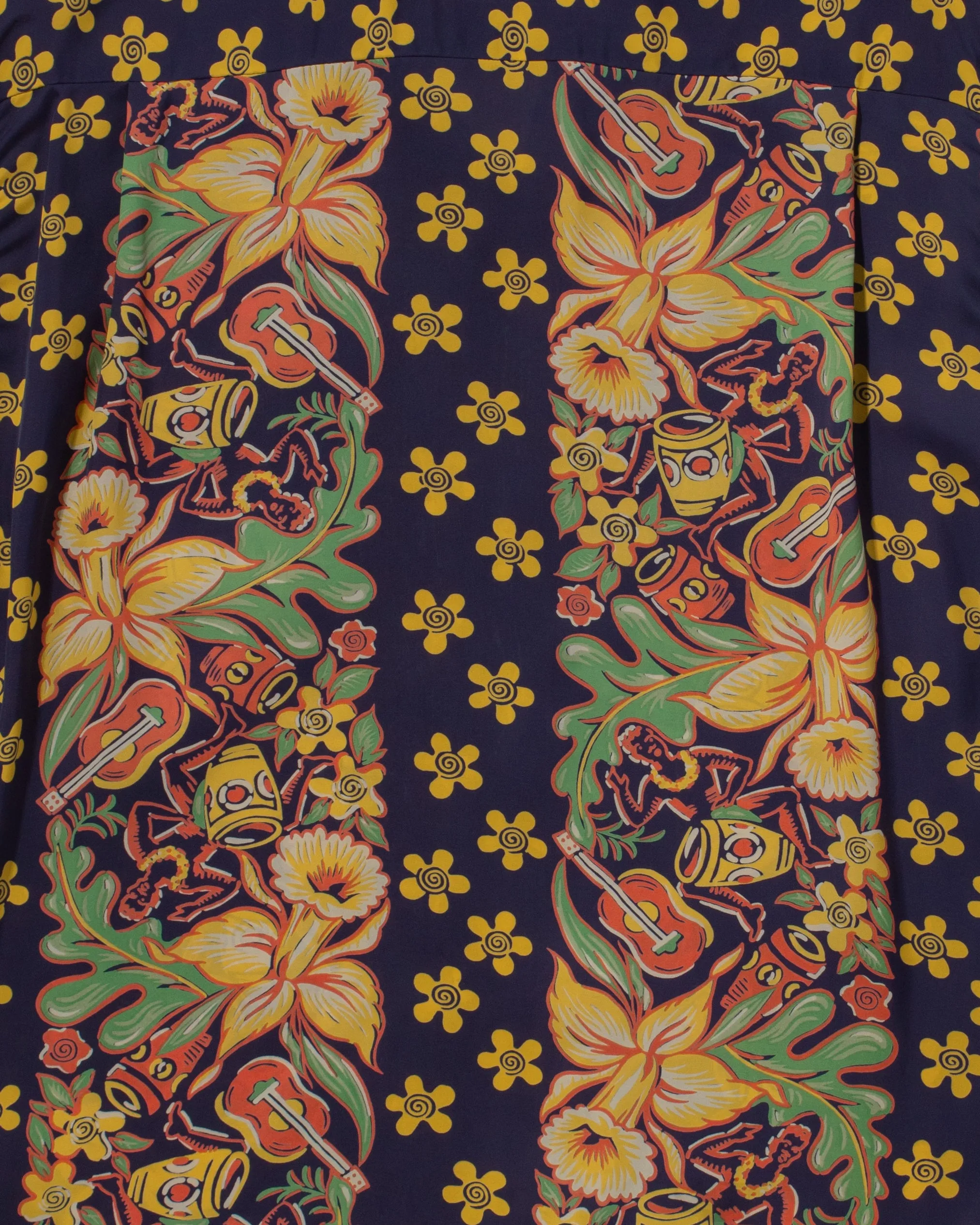 Japanese Repro, Short Sleeve Aloha Shirt, Sun Surf Brand, Navy Blue with Coral, Green, and Yellow Flowers sold by Kiriko product image thumbnail 5