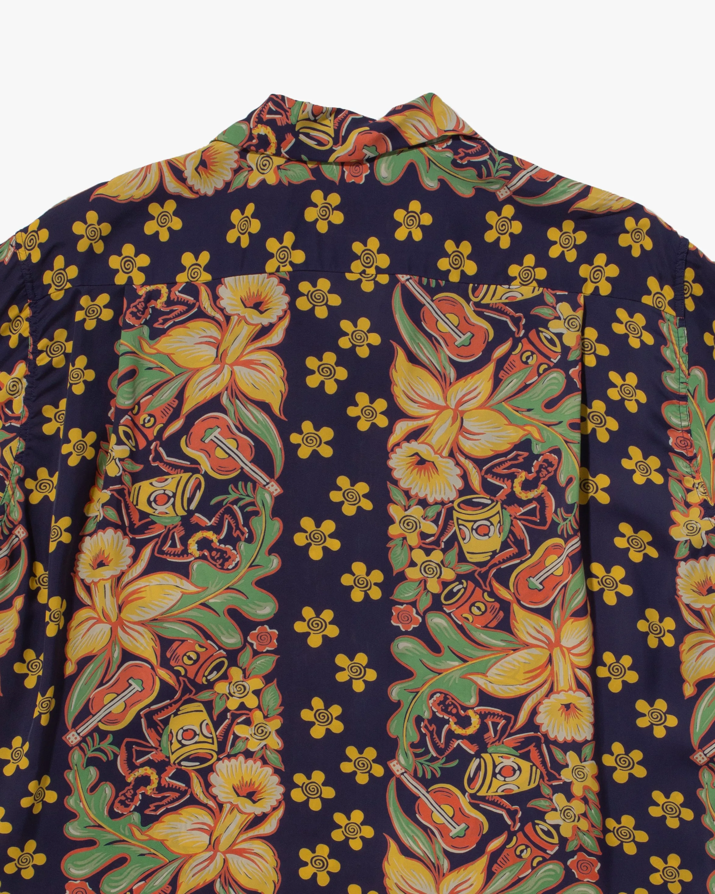 Japanese Repro, Short Sleeve Aloha Shirt, Sun Surf Brand, Navy Blue with Coral, Green, and Yellow Flowers sold by Kiriko product image thumbnail 4