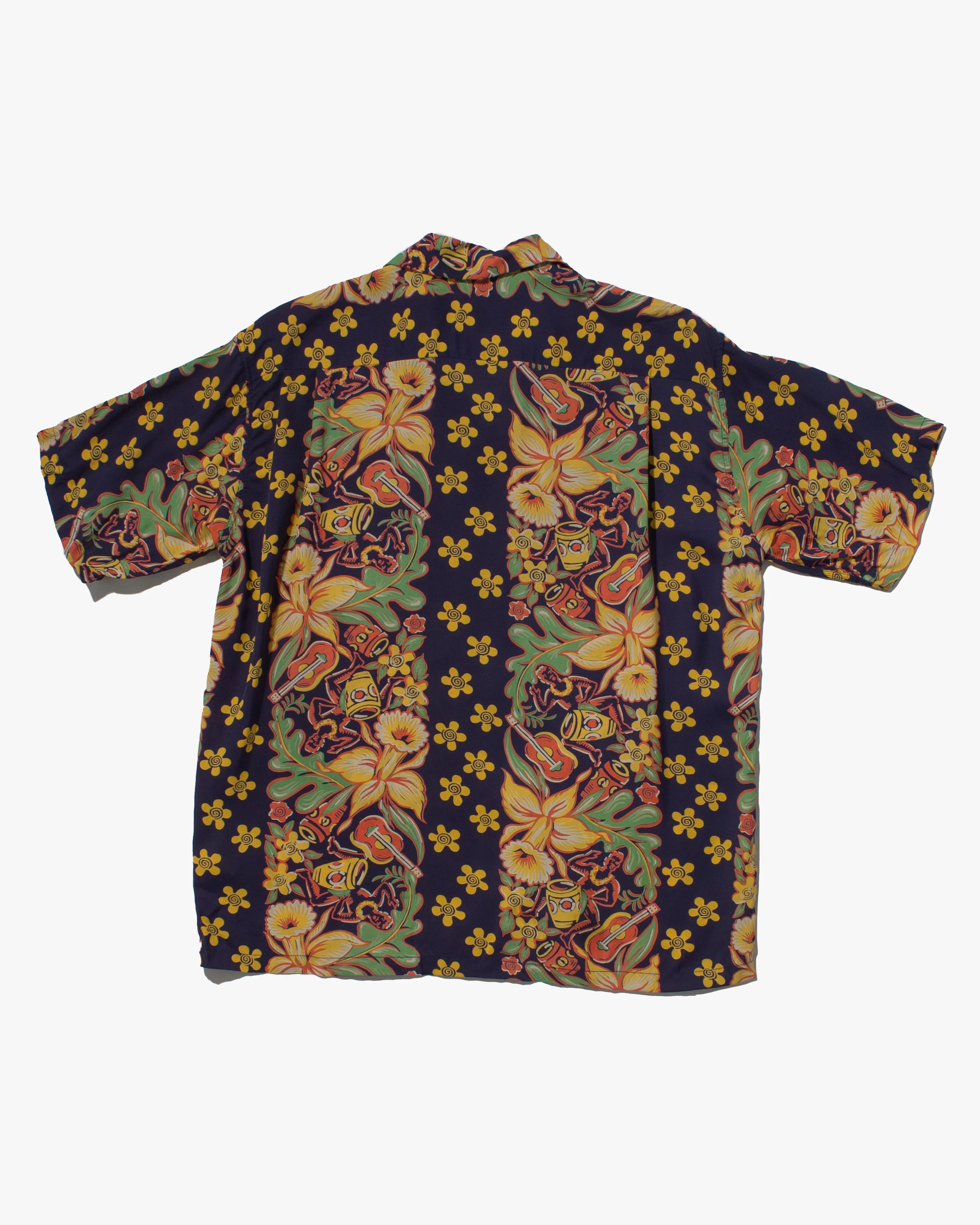 Japanese Repro, Short Sleeve Aloha Shirt, Sun Surf Brand, Navy Blue with Coral, Green, and Yellow Flowers sold by Kiriko product image thumbnail 3