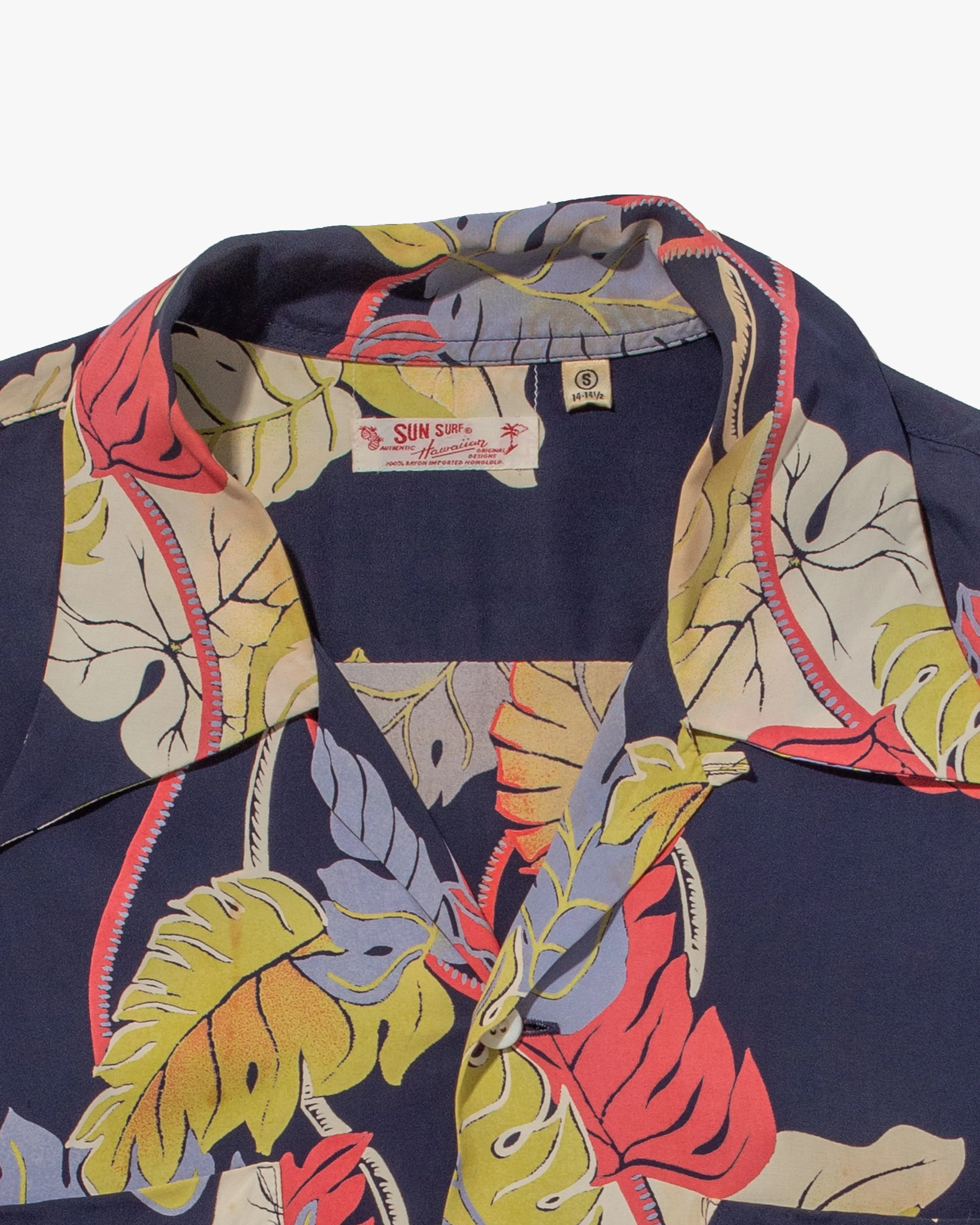 Japanese Repro, Long Sleeve Aloha Shirt, Sun Surf Brand, Navy with Colorful Monstera Leaves sold by Kiriko product image thumbnail 5