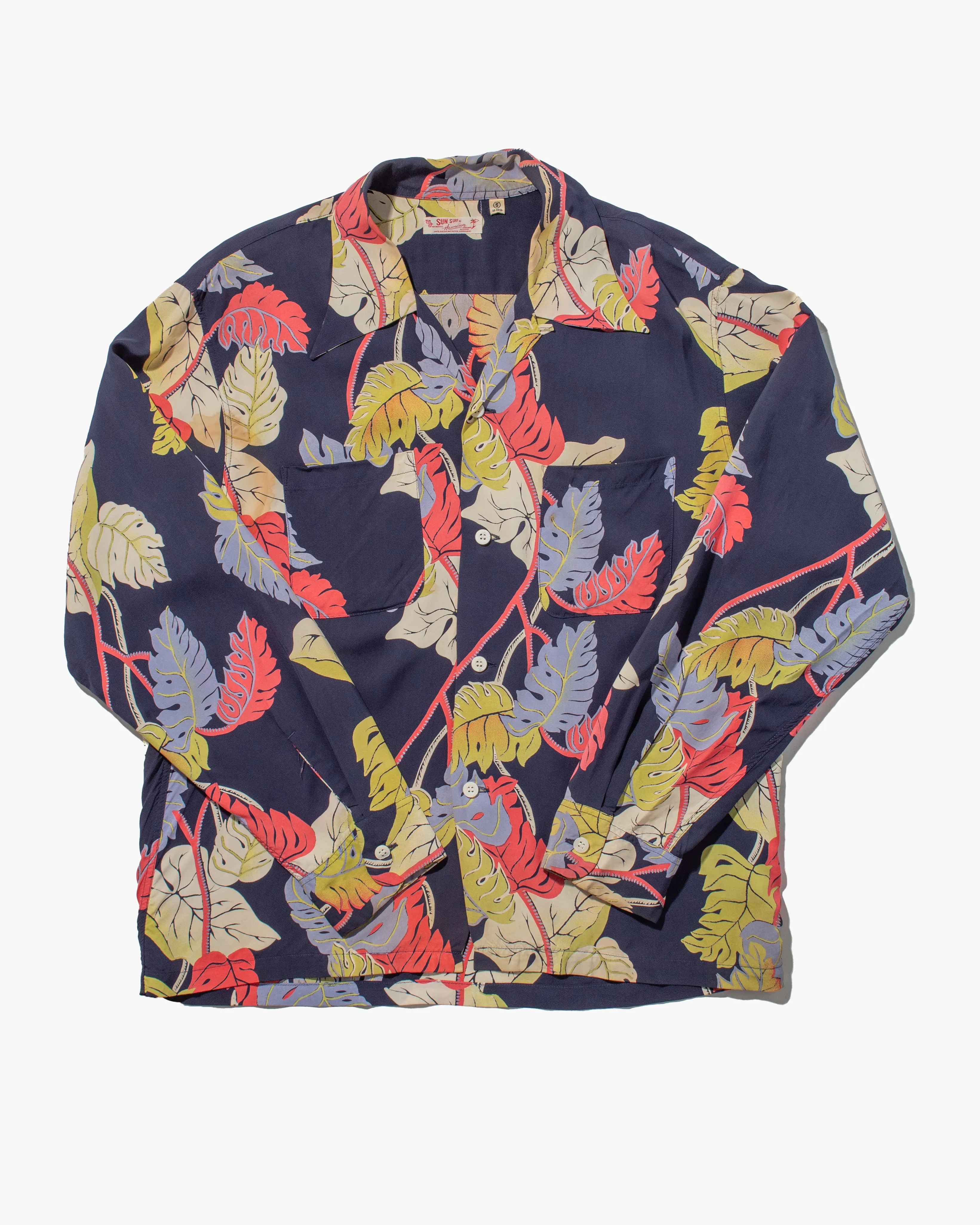Japanese Repro, Long Sleeve Aloha Shirt, Sun Surf Brand, Navy with Colorful Monstera Leaves sold by Kiriko