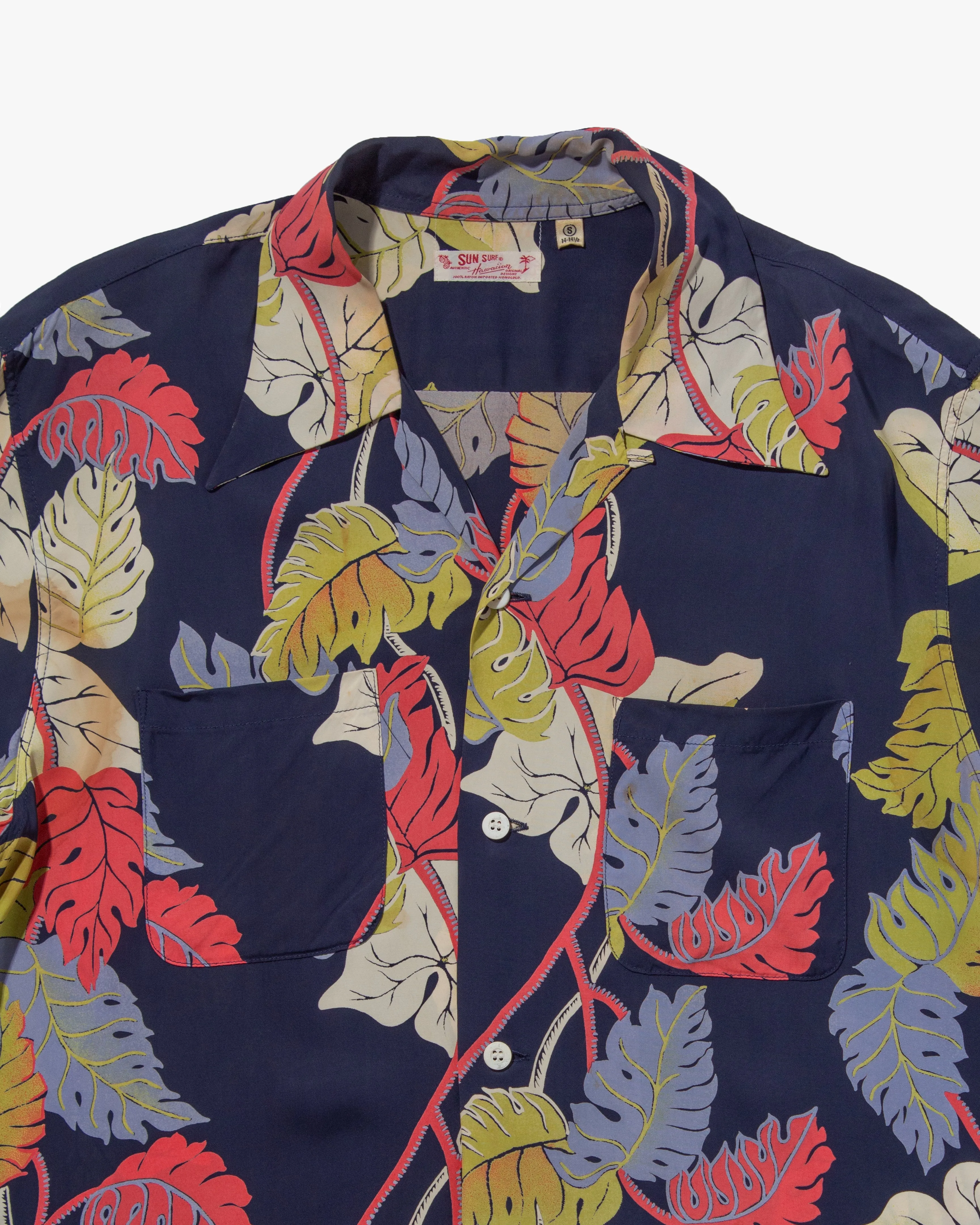 Japanese Repro, Long Sleeve Aloha Shirt, Sun Surf Brand, Navy with Colorful Monstera Leaves sold by Kiriko product image thumbnail 2